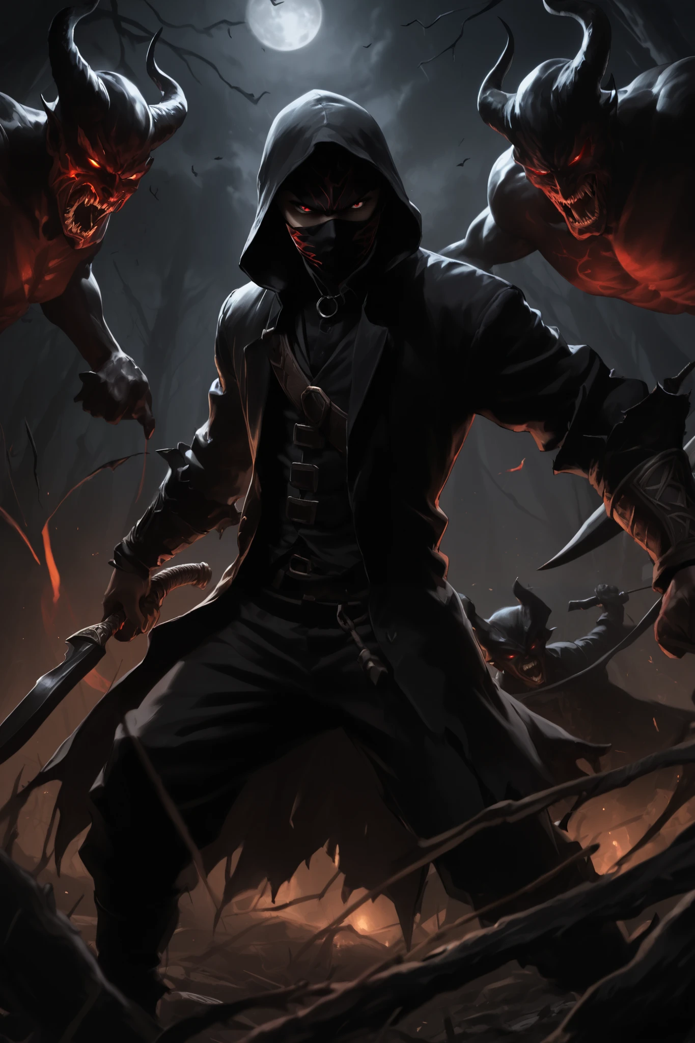 Masterpiece, anime, cartoon, 2D, four characters, dark theme, ultra Depth of field, semi realistic, 1boy, athletic body, full body, view from bottom, semi realistic clothes, black skull mask, mask mouth, black hood, demon hunter clothes, dagger on hand, fighting with demon, 3demons, boy slash demon, ,boy cut demon, demon scream in agony, 2demons trying to attack boy, in forest, night, dim moon light, glowing crimson red eyes, focus boy and demons, focus on fight, boy leg kick demon