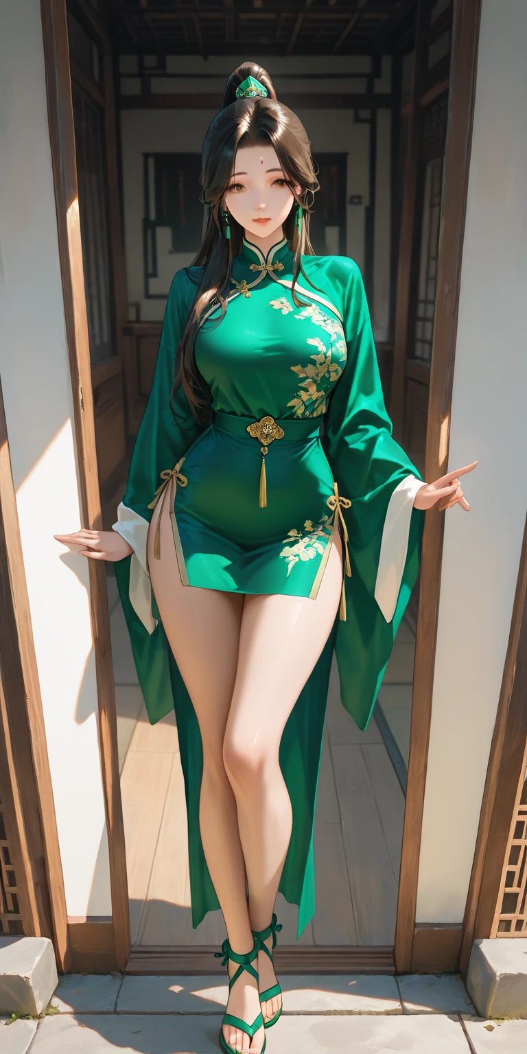 Men and women having ???、(masterpiece: 1.3), (Maximum resolution: 1.2), (Ultra HD TV: 1.2), Cinematic Light, 8K resolution, Detailed facial features , (Sharp focus: 1.2),Perfect Style, Beautiful Face,, Anatomically correct, Highly detailed face and skin quality感, Beautiful Eyes,Bright Eyes, Natural Cheeks, Glowing Skin, (Glossy Lips: 1.4),,Highly detailed face and skin quality, Natural Cheeks, , Rui々Beautiful lips,Exposed cleavage、Earrings,(Green and black cheongsam:1.4)、、Healthy legs、Bare thighs、Exposed female genitalia、nude crotch,nude hip,nude legs、??????? with tongue out、Realistic tongue、slender