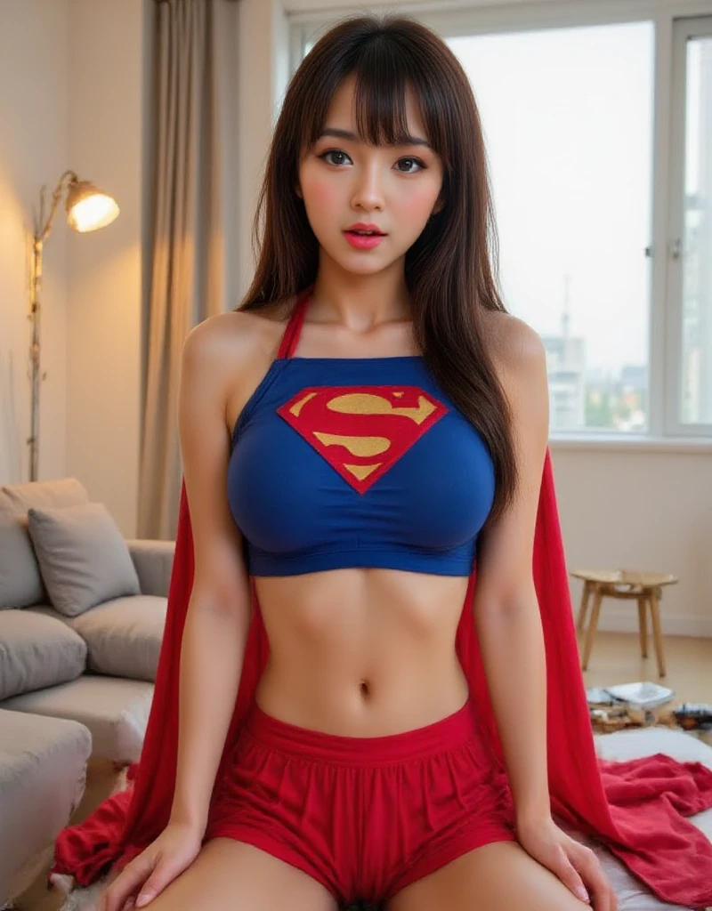 Remove the pants、Pubic hair growing((Highest quality、8K、masterpiece:1.3))、NSFW、Realistic Superwoman Hair Bun smile bangs