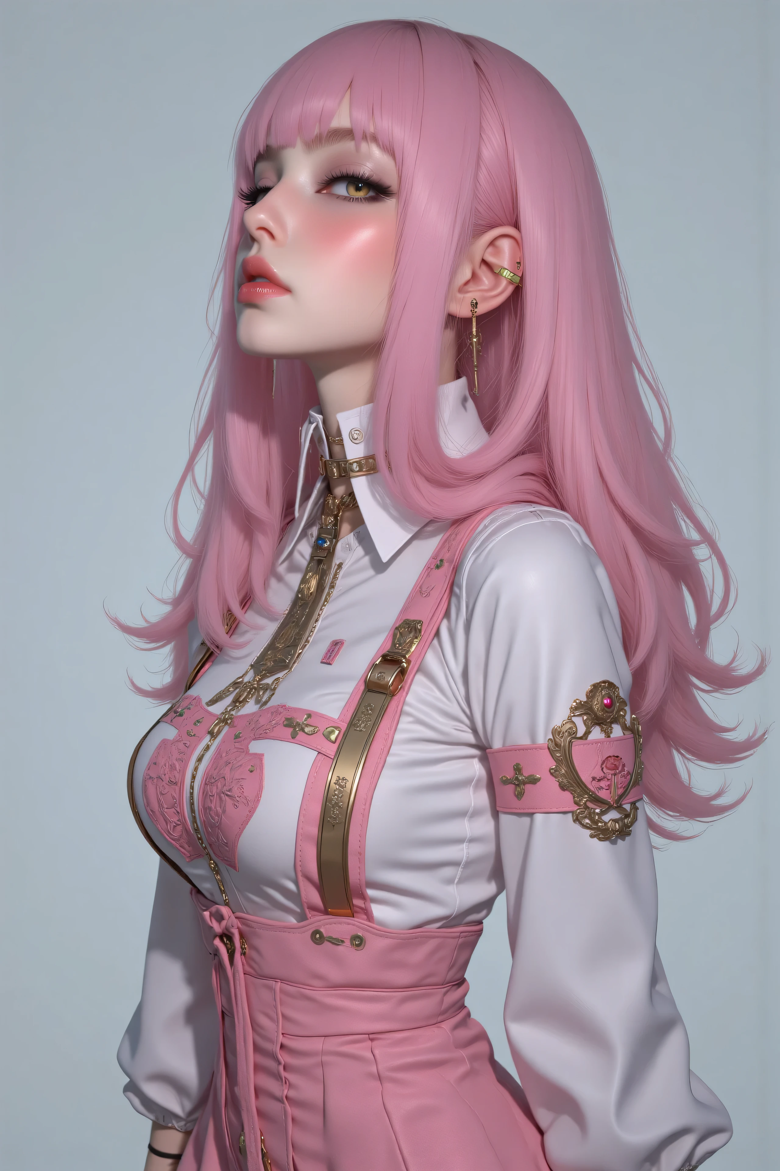 (8k, CRU photo, best qualityer, work of art), ultra-high resolution, (realisitic, photo-realisitic), 1 girl, Emotionless, standing alone, pink hair, yellow eyes, professional lighting, Detailed lighting, contra-luz, Depth of field, natural lighting, sharp focus, shooting distance of two meters, professional photo session, detailedeyes, realisitic eyes, detailed shadow, CG game, cosplay, pink clothes with arm ring, suspenders, trunk, pink clothes, outer, tails, Gundam, Mecha, Robot, profile icon style photo, jennie kim
