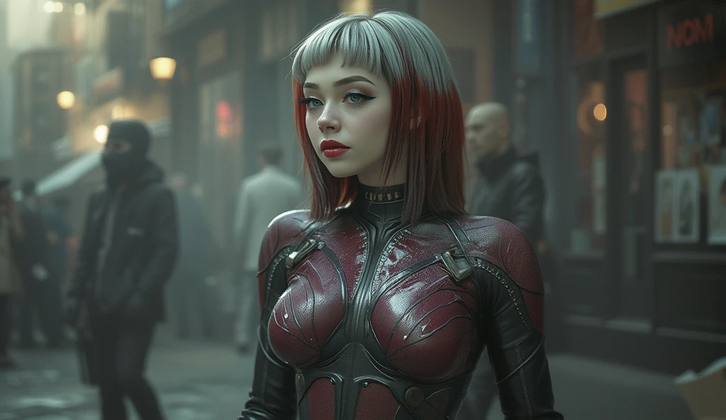 a close up of a woman in a futuristic suit holding a gun, nekro xiii, animation film, red skin, cinematic —ar 16:9, sin city, beautiful female warrior, female archer, hydropunk, animated film, goddess of war, japanese vfx, banshee --ar 16:9 --auto --s2