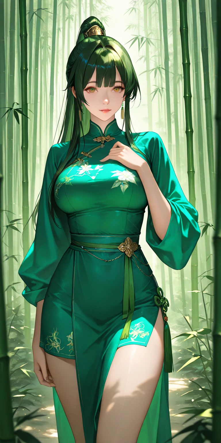 1female,45 yers old,Married woman,legs long, Slim waist, photo exposure, 独奏,(Background with:at a forest,the rainforest,Ground area water) She has long black hair,Stand deep in the forest,seen from the front, curlies, sky with many clouds,(((tmasterpiece),(Very detailed CG unified 8k wallpaper),Best quality at best,电影灯光,detailed back ground,beautiful pupil,(very delicate beautiful),(Beautiful and detailed eye descriptions),ultra - detailed,tmasterpiece,))Redlip,Snow-white skin,a little bit chubby,pubic hair very large,facing at the camera,A high resolution,ultra - detailed),Revealed,Very huge,, convex,Camel toes,The cleavage protrudes,athlete(dressed in:,Green cheongsam),