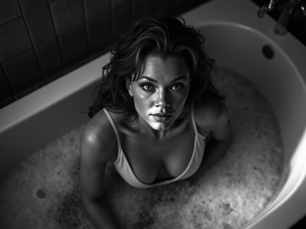 A sexy white woman in the 1930s cowering in terror with her whole body covered.