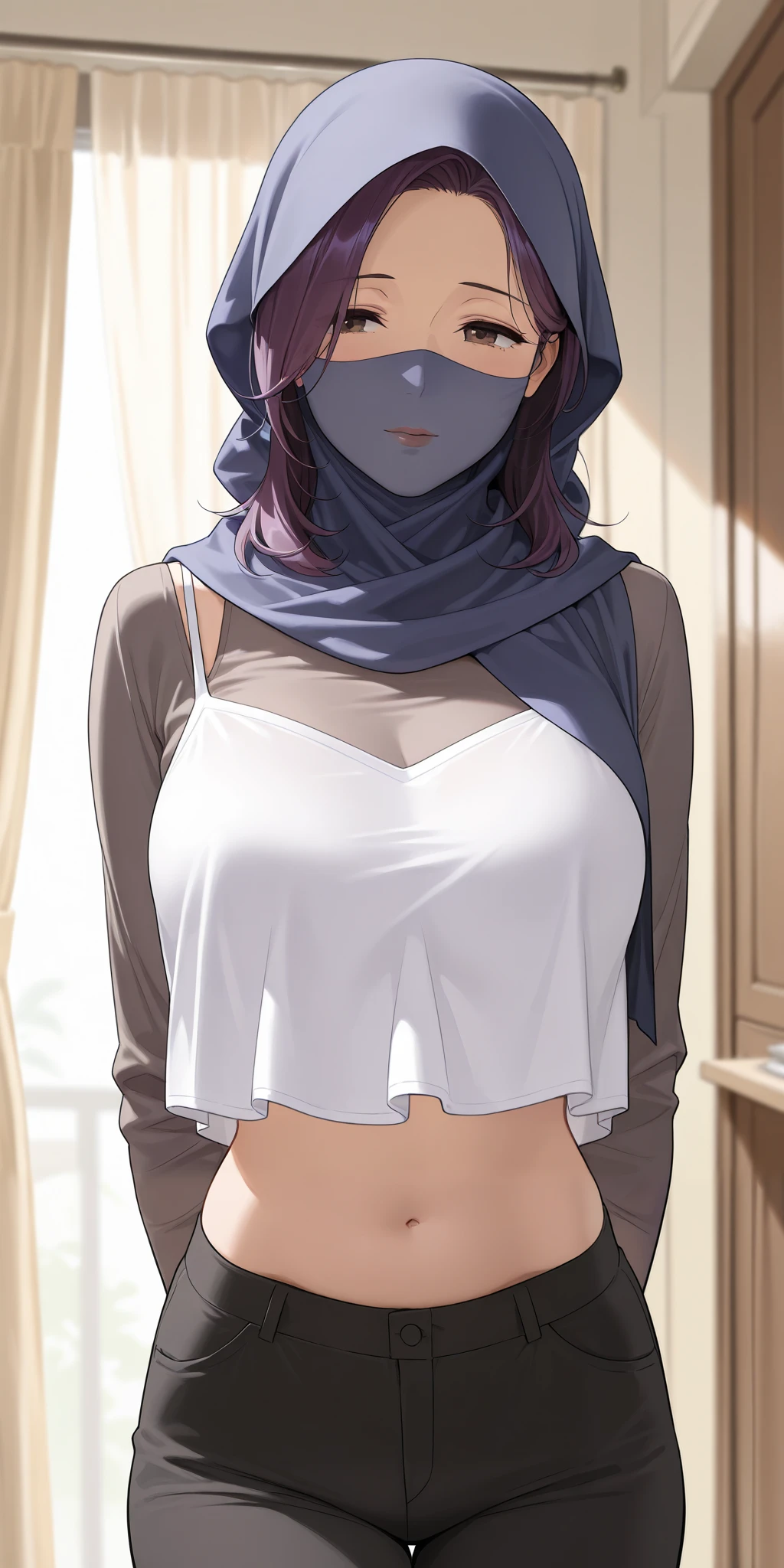 mature female, housewife, purple hair, medium hair, straight hair, slightly disheveled, crop top overhang, midriff, hijab covered ,white camisole, black pants, front view, indoors, curtains, milf, soft light, high detailed, best quality, cowboy shot 