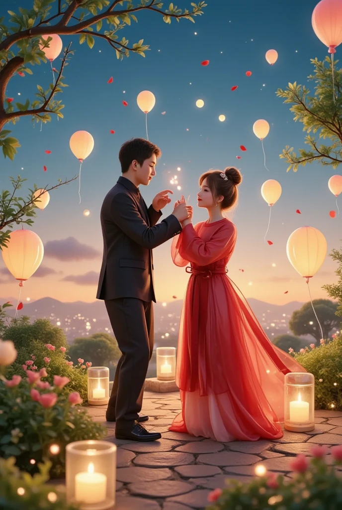    Share a romantic dance    ,  情人Festival&#39;Festival，一对情侣在迷人的garden中心跳浪漫的舞蹈.     The scene is illuminated by floating candles and lanterns    ,    projects a warm     ,  Gently.  garden ,      From the delicate petals of flowers to the verdant leaves     ,    错综复杂的细Festival以惊人的8K分辨率呈现   . The couple,  Immerse yourself in your arms     ,      Exudes deep love and connection     .      The atmosphere is full of magical magic     ,      The soft light and serene beauty of the surroundings brightens up the surrounding environment .