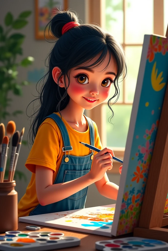 Create a child , white with long straight dark brown hair and short bangs, com olhos castanhos, with colorful dress, and holding a brush and color palette in his hand.