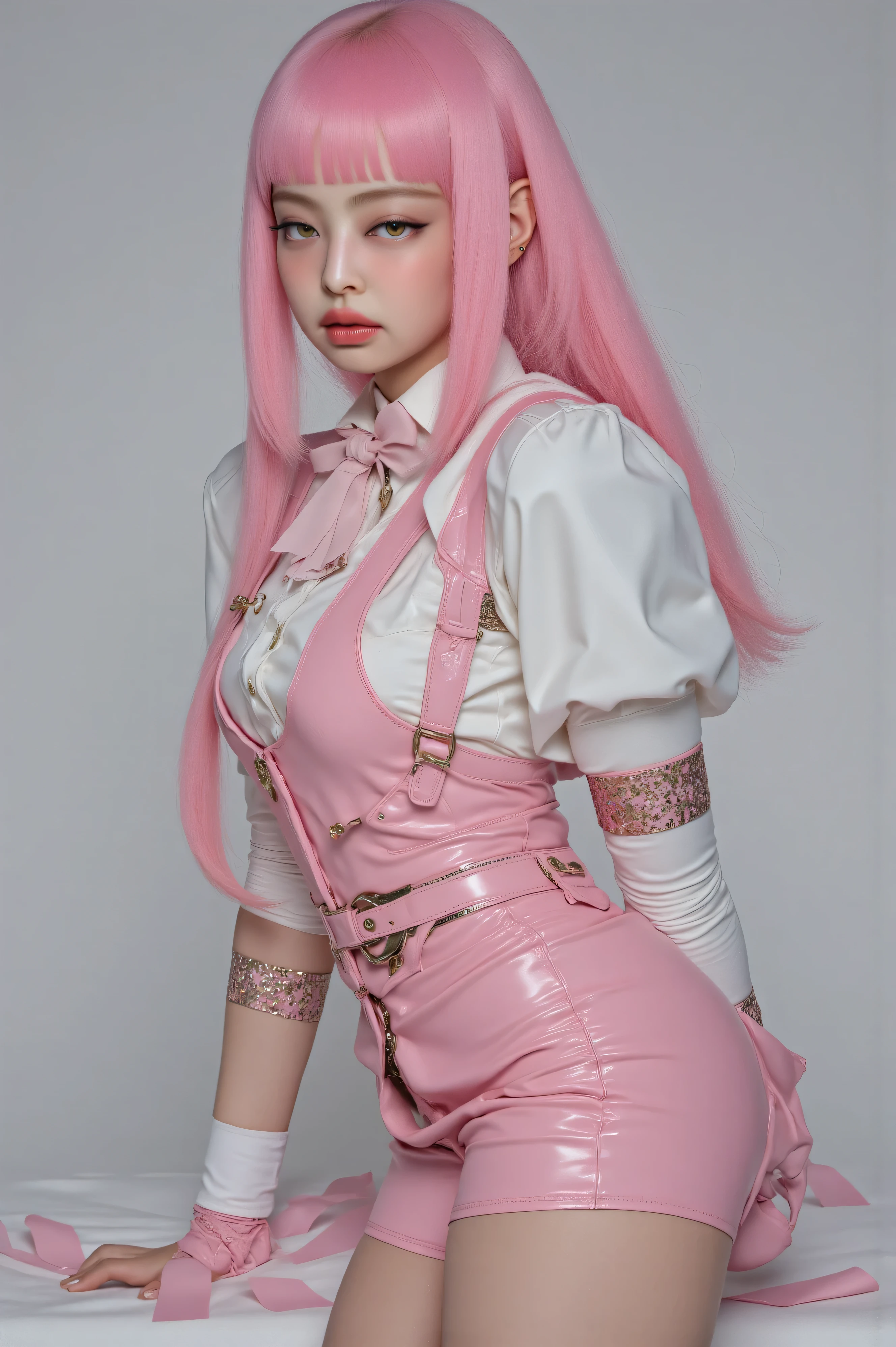 (8k, CRU photo, best qualityer, work of art), ultra-high resolution, (realisitic, photo-realisitic), 1 girl, Emotionless, standing alone, pink hair, yellow eyes, professional lighting, Detailed lighting, contra-luz, Depth of field, natural lighting, sharp focus, shooting distance of two meters, professional photo session, detailedeyes, realisitic eyes, detailed shadow, CG game, cosplay, pink clothes with arm ring, suspenders, trunk, pink clothes, outer, tails, Gundam, Mecha, Robot, profile icon style photo, jennie kim