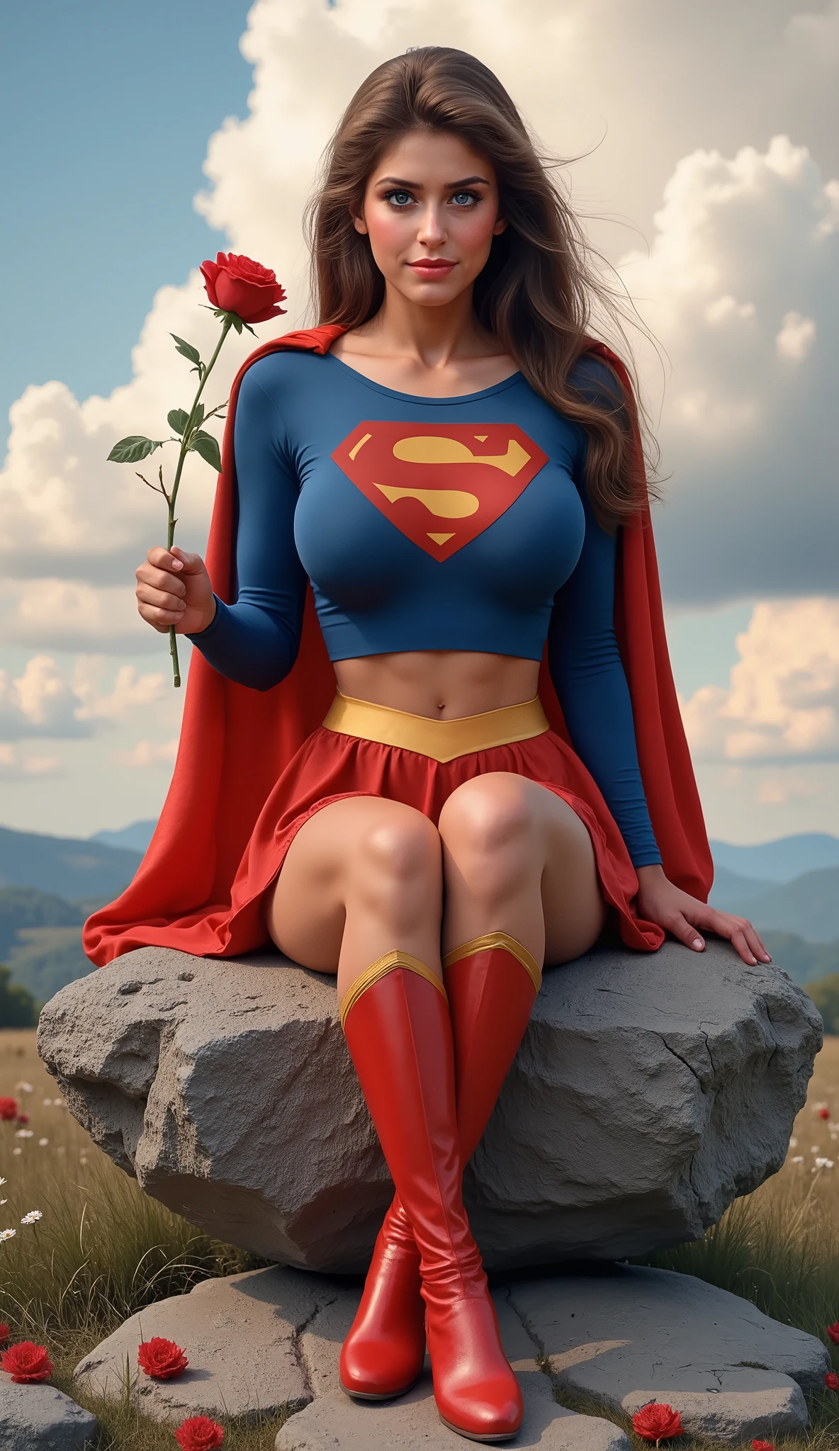(DREAMY BLUE EYES) HELEN SLATER A SEXY MATURE CUTE HELEN SLATER WITH BLUE EYES AND LONG DARK HAIR WEARING A LONG SLEEVE BLUE CROP TOP WITH A "S" EMBLEM AND GOLD TRIM ON THE SLEEVES, A SHORT RED PLEATED SKIRT WITH A GOLD SUPERGIRL BELT, A PAIR OF TALL RED BOOTS WITH GOLD TRIM, AND A LONG RED CAPE. Smile, High Resolution, Detail, High Details, Super Detailed, Textured Skin, Retina, High Quality. SITTING ON A GIANT BOULDER HOLDING A ROSE UP TO HER NOSE. BROWN/BRUNETTE HAIR