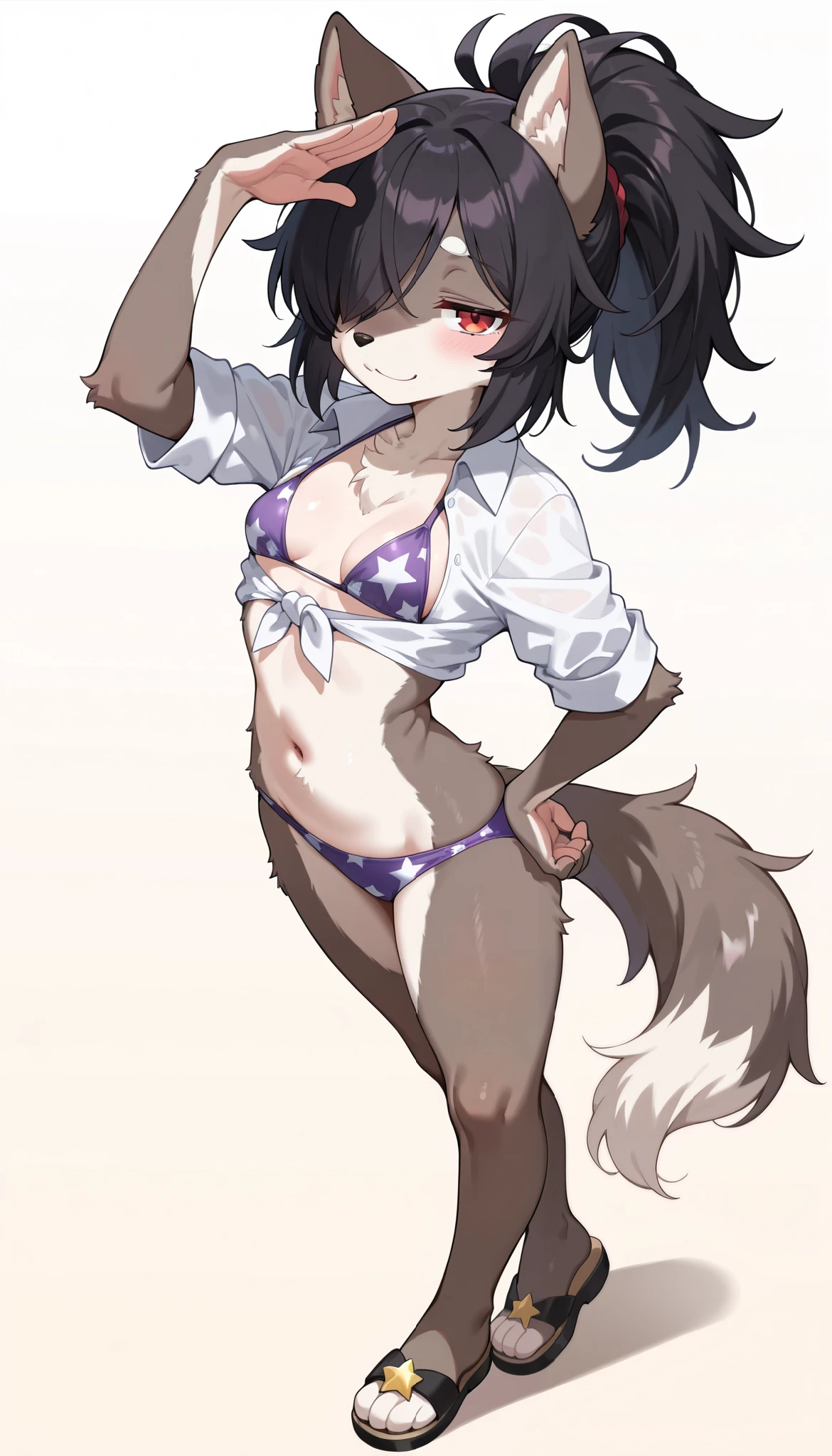 fennec ears, (1girl), (brown skin:1.3), long hair, (:1.4), (looking at viewer:1.2), blush, brown fur, wavy hair, collarbone, wide hips, black hair, naked suspenders, topless, microskirt, beach, open mouth, tongue, (smirk:1.2), best quality, masterpiece, absurdres, (shiny skin), ultra-detailed, fine detail, BREAK (hands on hips, spread legs:1.2)