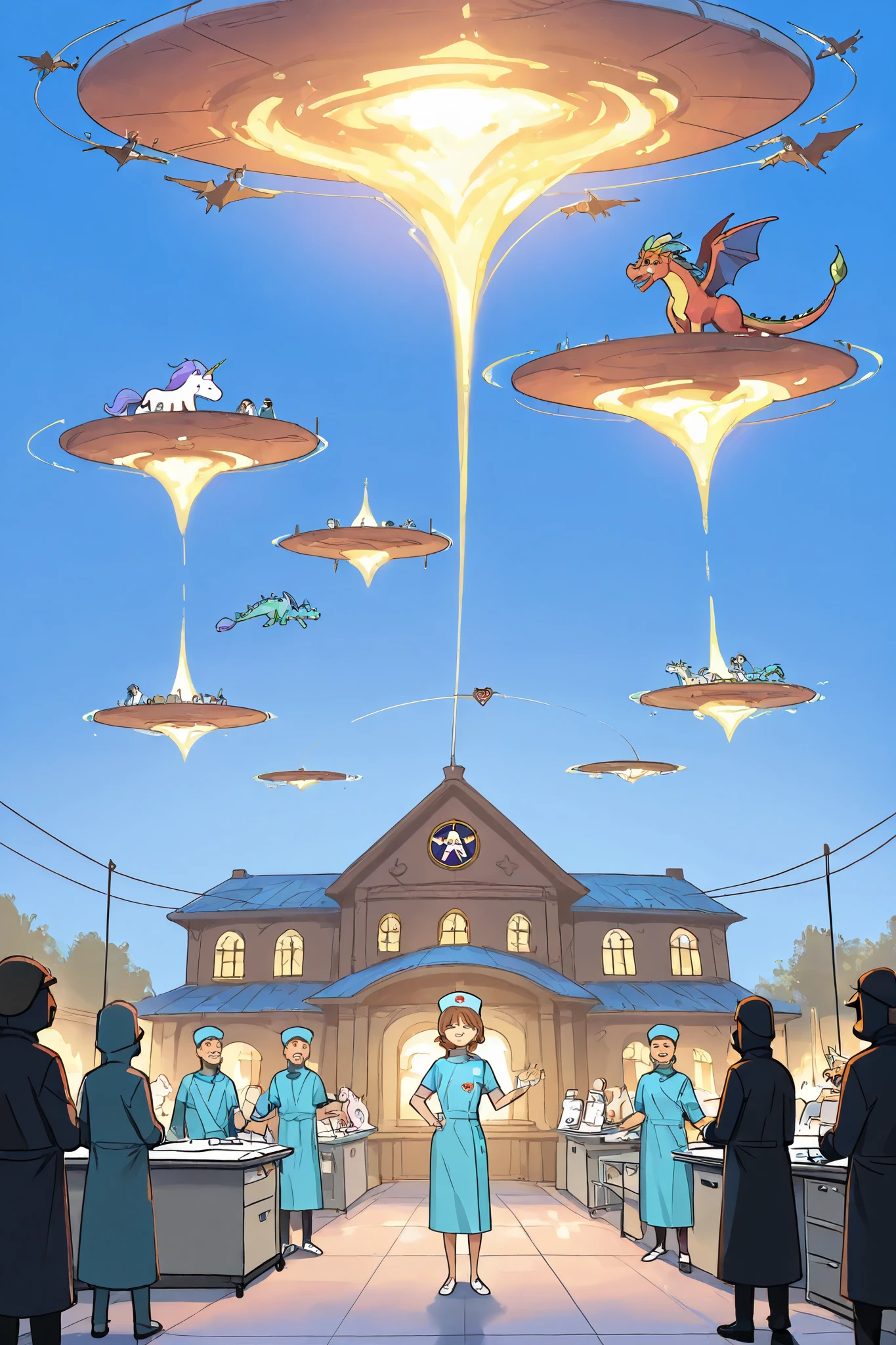 Fantasy, animal hospital, queue, waiting in line, magic, veterinarian, nurse, dragon, unicorn, griffon, treatment, bandage, cast, warm atmosphere, protective collar, magical emblem, blue sky, floating islands, hospital, 1girl, doctor gown, cheering pose, patients, anticipation, curiosity, nervousness, reception desk, healing magic