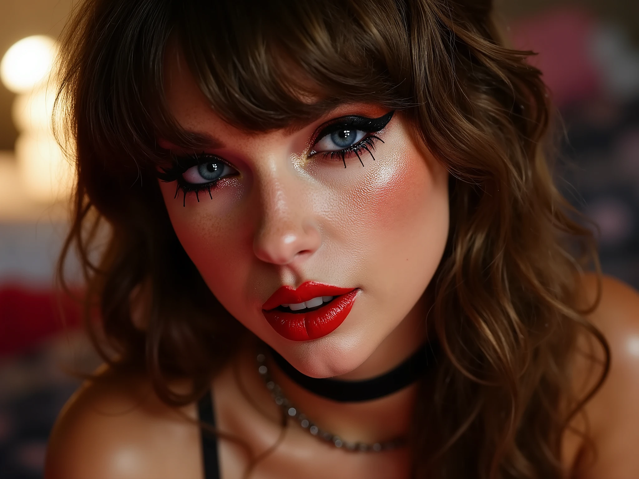 deep red lips, lip gloss, shiny lips, eyeliner flicks, thick eyeliner, latex outfit, cute makeup, brown hair, big eyes, in a brightly lit bedroom, egirl thot slutty promiscuous makeup, extreme zoom on face