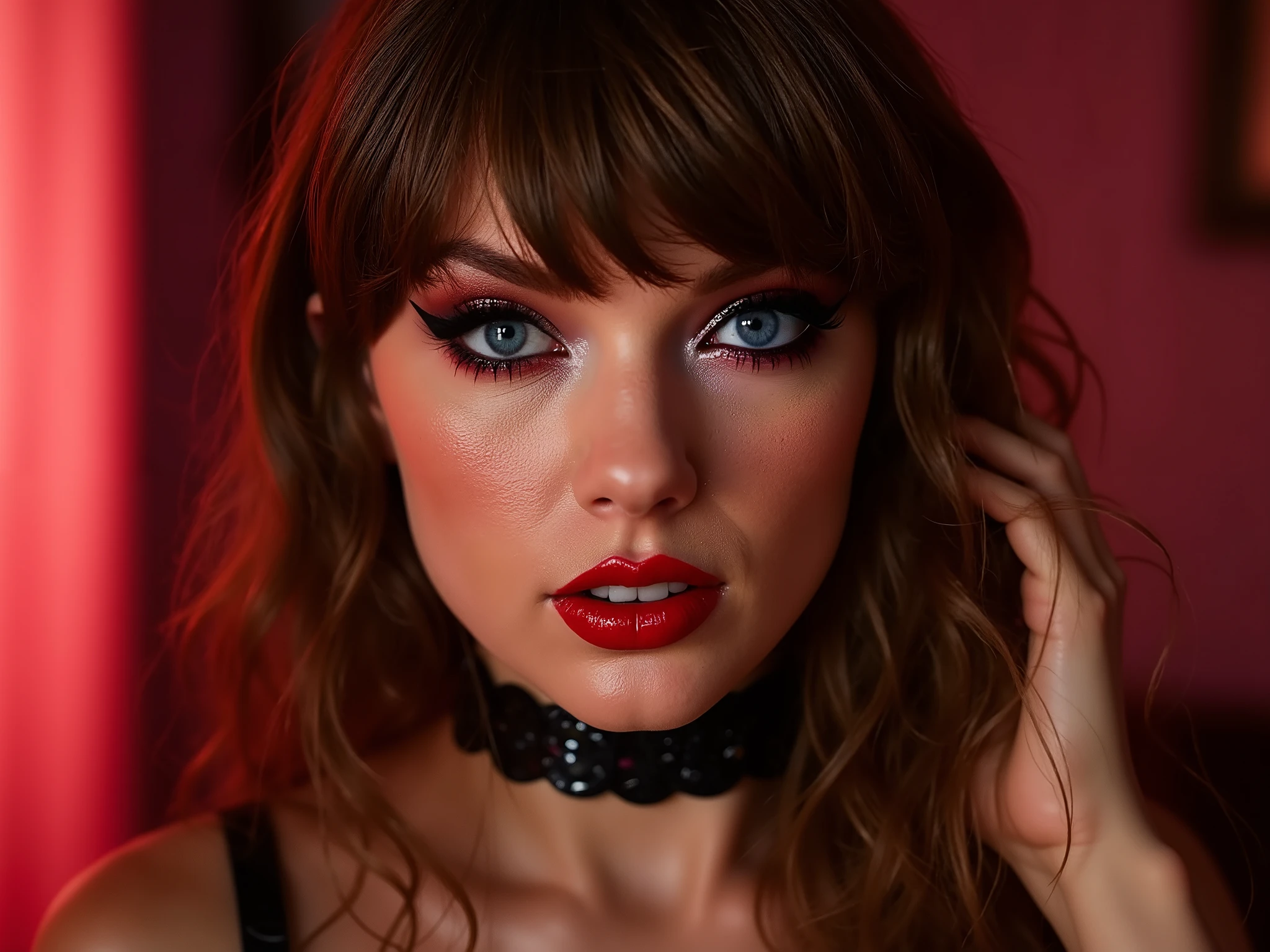 deep red lips, lip gloss, shiny lips, eyeliner flicks, thick eyeliner, latex outfit, cute makeup, brown hair, big eyes, in a brightly lit bedroom, egirl thot slutty promiscuous makeup, extreme zoom on face