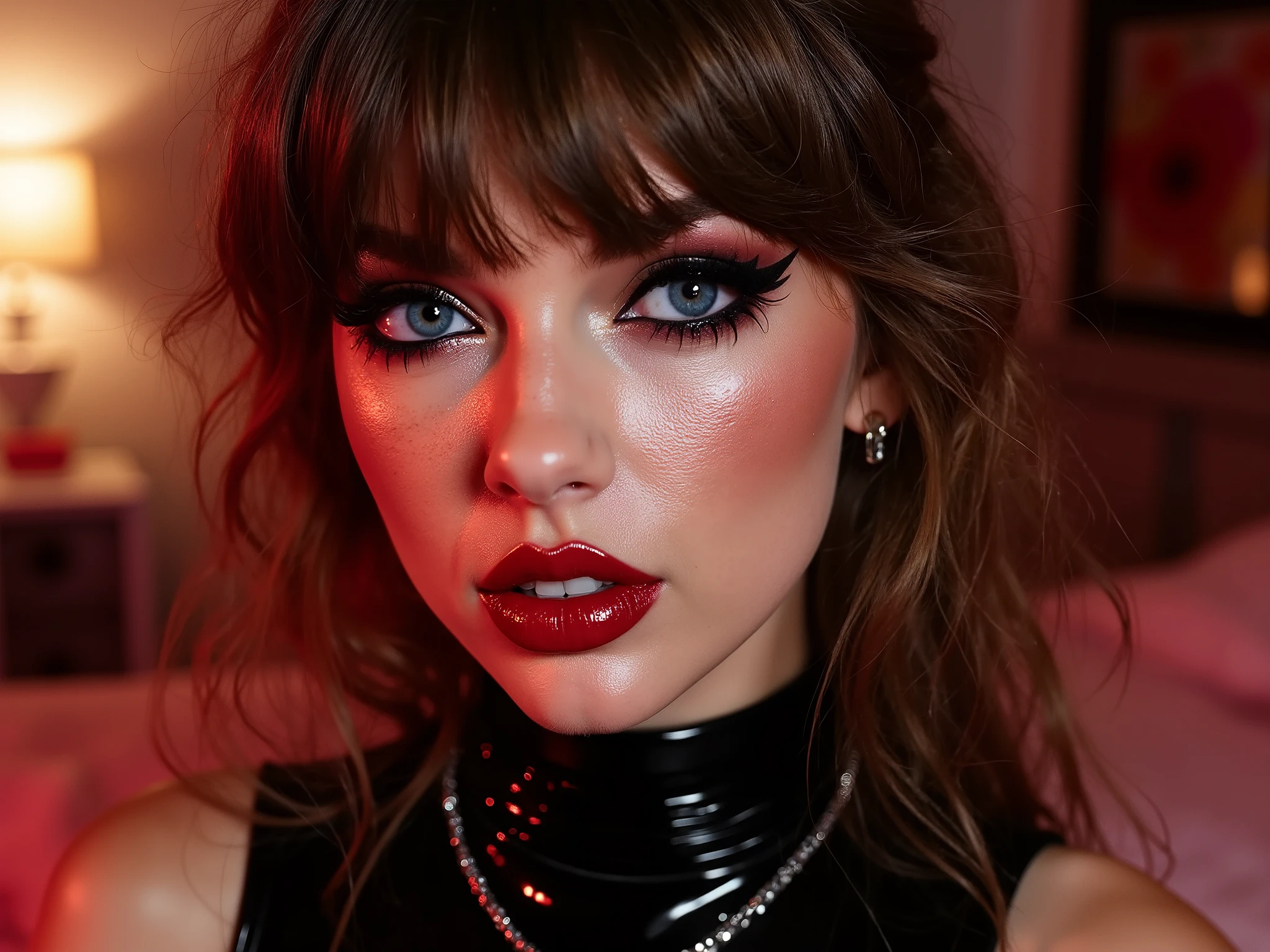 deep red lips, lip gloss, shiny lips, eyeliner flicks, thick eyeliner, latex outfit, cute makeup, brown hair, big eyes, in a brightly lit bedroom, egirl thot slutty promiscuous makeup, extreme zoom on face