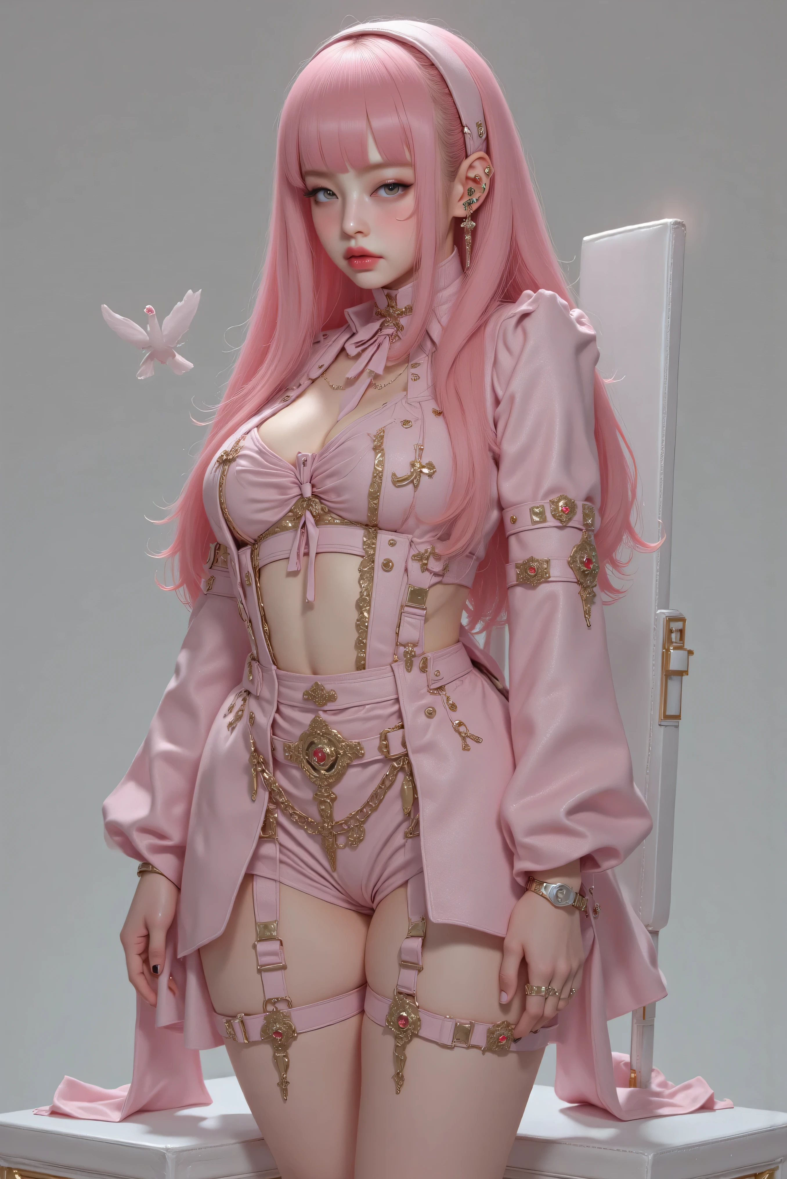 (8k, CRU photo, best qualityer, work of art), ultra-high resolution, (realisitic, photo-realisitic), 1 girl, Emotionless, standing alone, pink hair, yellow eyes, professional lighting, Detailed lighting, contra-luz, Depth of field, natural lighting, sharp focus, shooting distance of two meters, professional photo session, detailedeyes, realisitic eyes, detailed shadow, CG game, cosplay, pink clothes with arm ring, suspenders, trunk, pink clothes, outer, tails, Gundam, Mecha, Robot, profile icon style photo, jennie kim