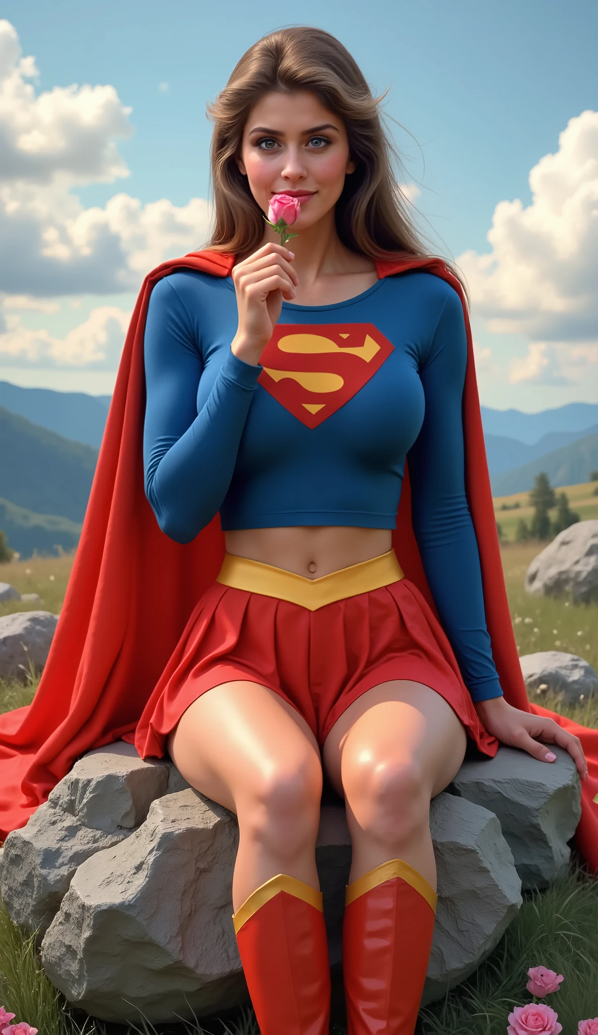 DARK/BRUNETTE HAIR (DREAMY BLUE EYES) HELEN SLATER A  MATURE CUTE HELEN SLATER WITH BLUE EYES AND LONG DARK HAIR WEARING A LONG SLEEVE BLUE CROP TOP WITH A "S" EMBLEM AND GOLD TRIM ON THE SLEEVES, A SHORT RED PLEATED SKIRT WITH A GOLD SUPERGIRL BELT, A PAIR OF TALL RED BOOTS WITH GOLD TRIM, AND A LONG RED CAPE. Smile, High Resolution, Detail, High Details, Super Detailed, Textured Skin, Retina, High Quality. SITTING ON A GIANT BOULDER HOLDING A ROSE UP TO HER NOSE.