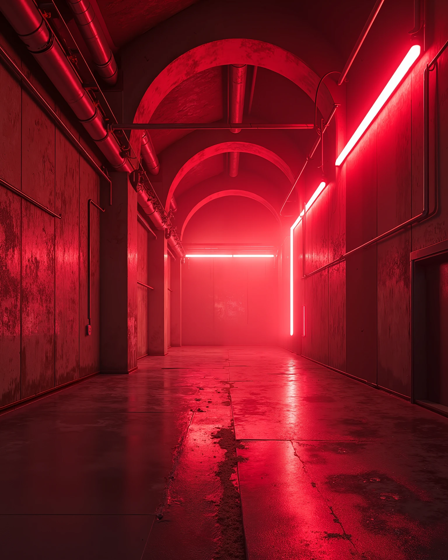 a room with a lot of lights on the ceiling , a long tunnel with a red light at the end