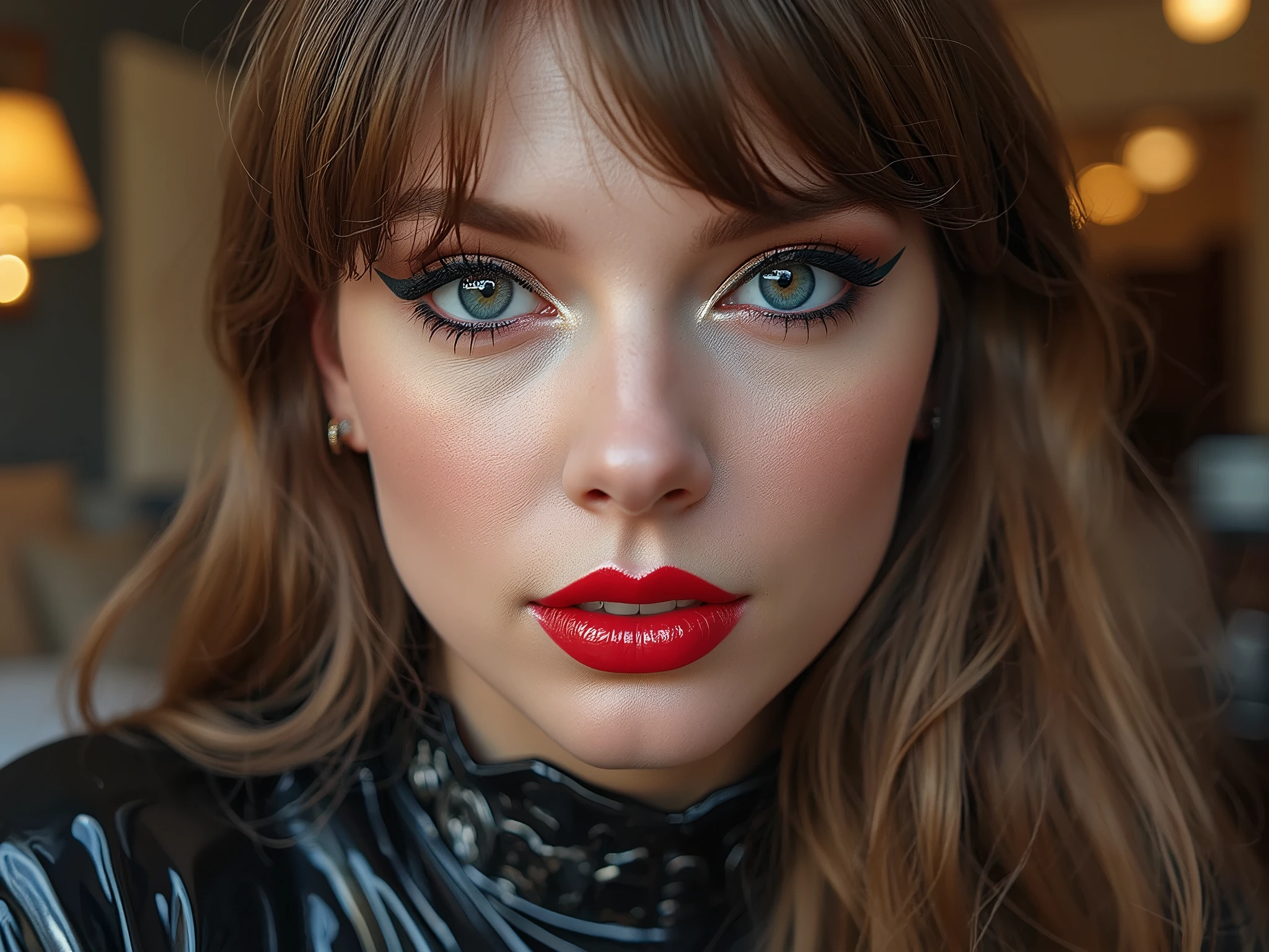 deep red lips, lip gloss, shiny lips, eyeliner flicks, thick eyeliner, latex outfit, cute makeup, brown hair, big eyes, in a brightly lit bedroom, egirl thot slutty promiscuous makeup, extreme zoom on face