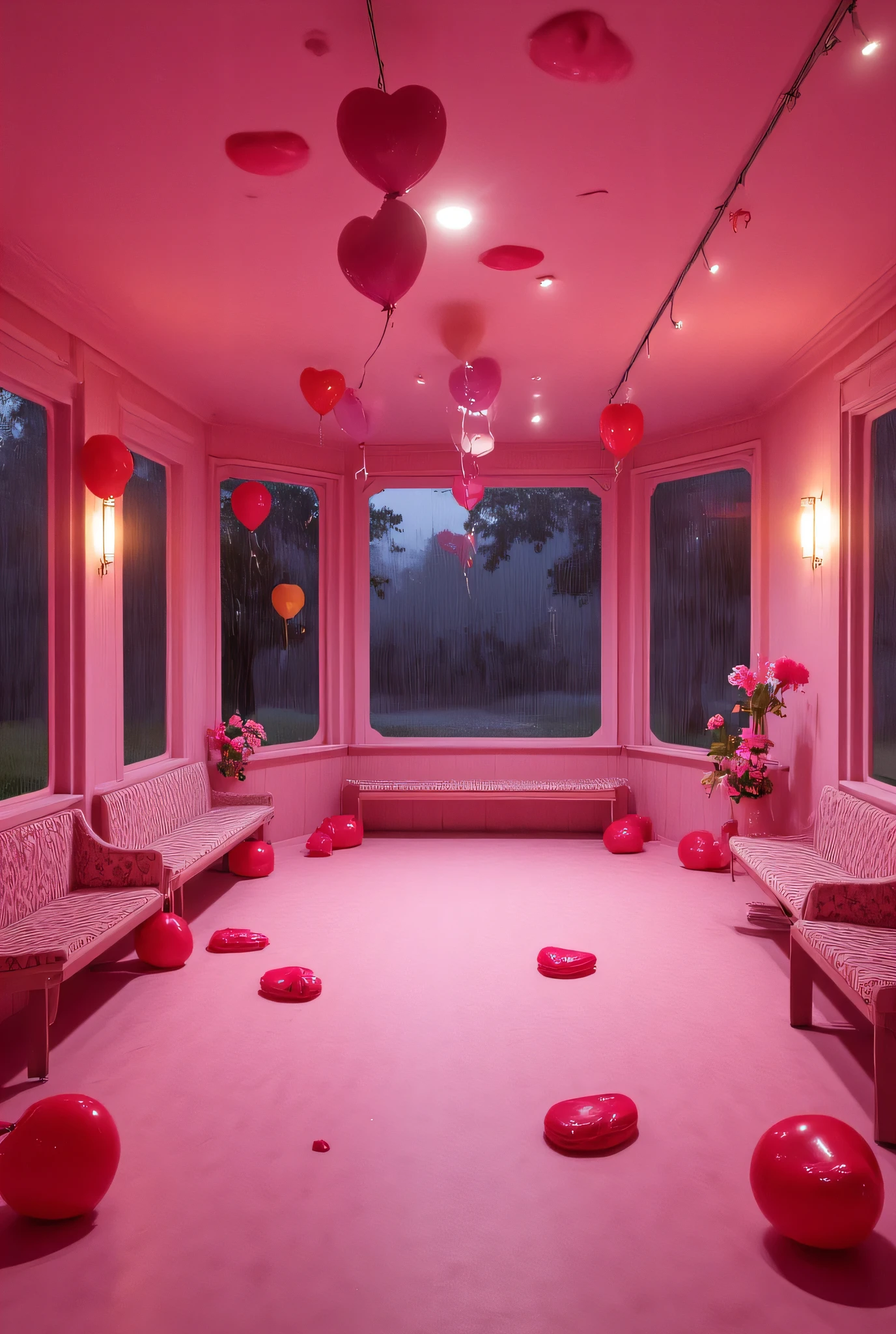 Pink walls, heart shapes balloons, pink lightings, large open room, bright, large windows of dark raining night, benches