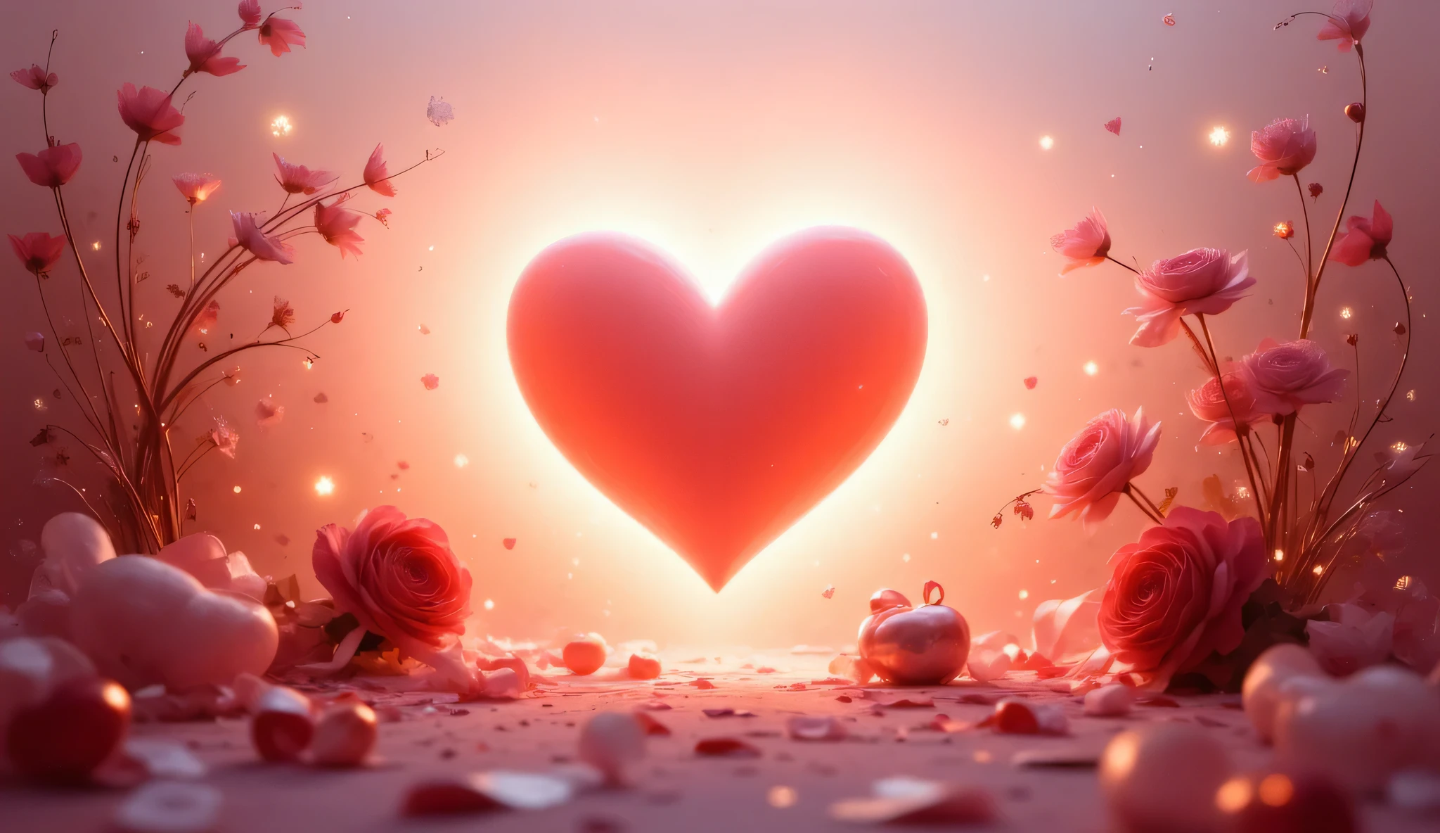 Romantic Valentine in gentle tones. In the center is a beautiful heart, surrounded by a soft glow. The atmosphere is warm and cozy, with elements of love: flowers, ribbons, small stars. The style is elegant and gentle, without inscriptions, only a visual transmission of feelings.