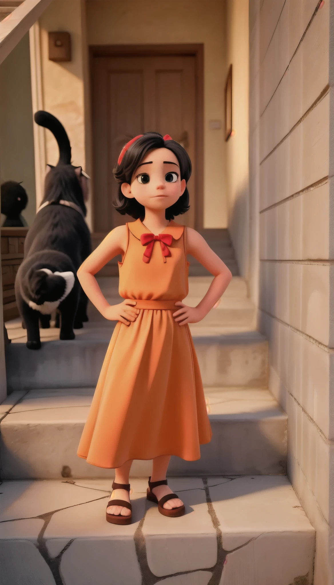 Arafed image of a girl in a dress standing on a set of stairs - SeaArt AI
