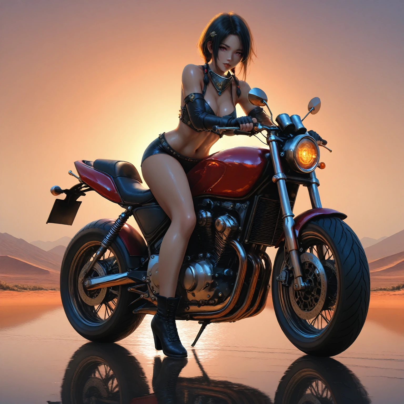 (masterpiece), Very beautiful black woman, beautiful face, real and sexy, bare legs, Beyoncé's legs, denim shorts, afro hair 70s Diana Ross, high heels type stripper, christian Louboutin, black denim dress with low neckline, bare arms, strong chest, hip-hop elegance, blurry background of the city, perfect motorcycle, identical, album cover, photo magazine cover, poster. Excellent quality of detail.
