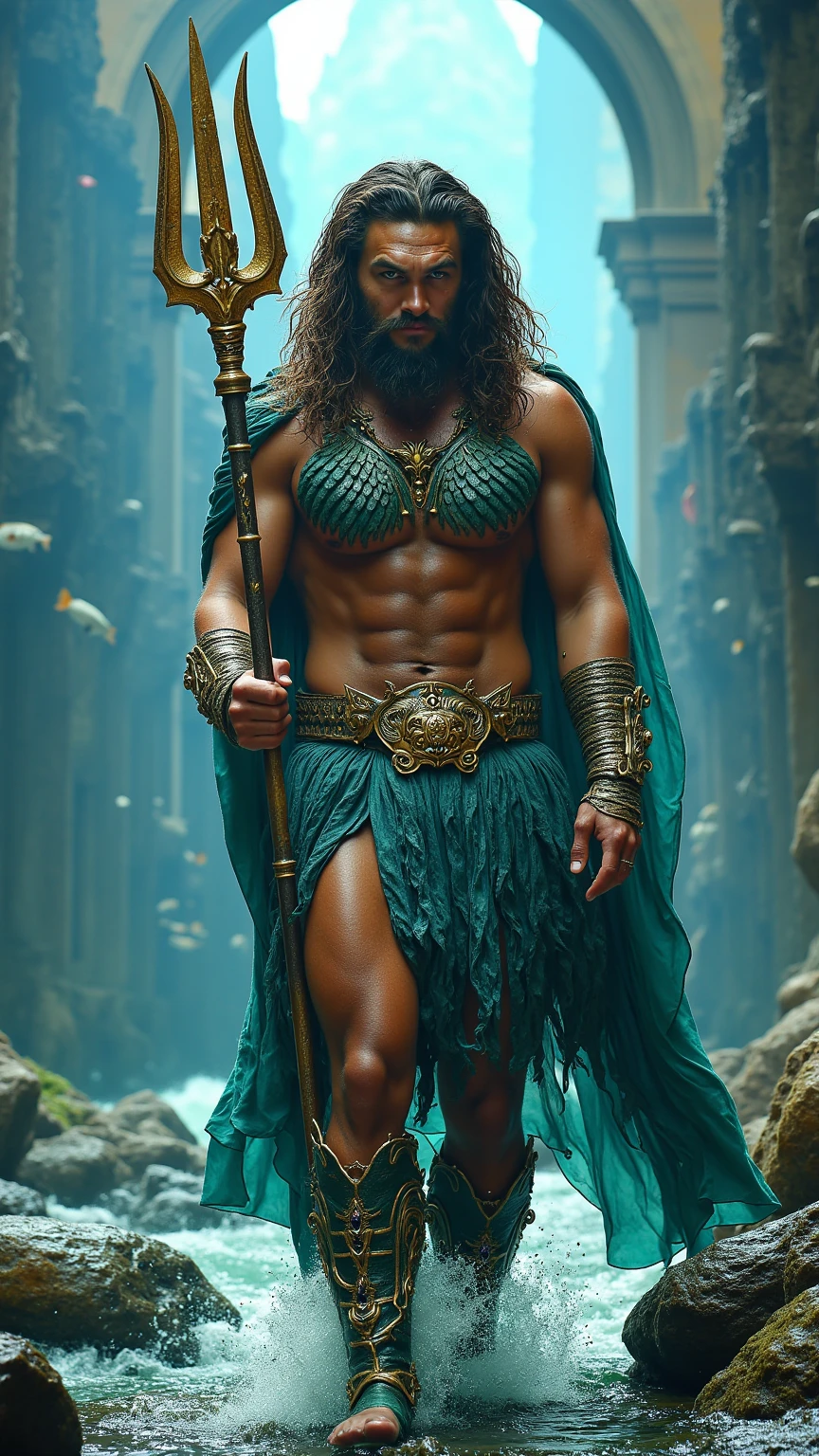 A highly detailed close-up portrait of Lac Long Quan, a legendary male deity in Vietnamese mythology, from the waist up. His handsome face is chiseled, his piercing eyes shining with supernatural power. His long, flowing black hair is interwoven with iridescent scales. Majestic dragon horns protrude from his forehead, curved and shiny. His muscles are bulging with supernatural power, his skin has a texture like delicate scales. He wears an elaborate gold necklace decorated with gemstones that glow with an inner light. In his hand, he holds an ancient, unusual weapon - perhaps a trident or a sword - that radiates mystical energy. Lac Long Quan stands tall and majestic, a colossal figure of godlike presence and supreme power. His posture exudes power and confidence, dominating the frame. Behind him, a stormy seascape with giant waves crashing violently. The sky is dark and ominous, filled with swirling storm clouds and flashes of lightning. The entire scene conveys a sense of epic scale and divine power. Rendered in a surreal digital art style with dramatic lighting to enhance the intense atmosphere and highlight Lac Long Quan's god-like appearance. Emphasizing the contrast between his calm, powerful demeanor and the chaos of the elements around him.
