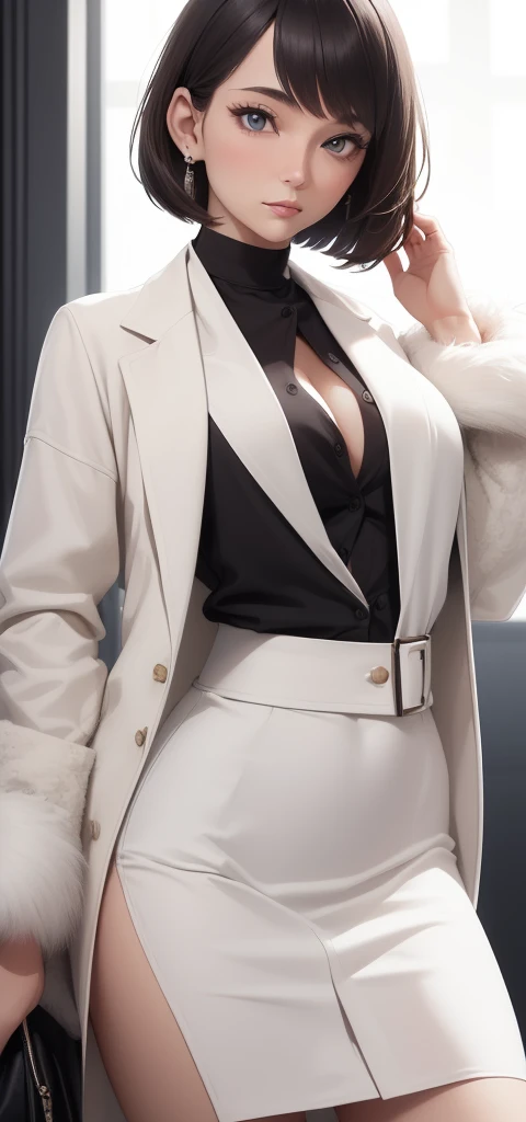 ((masterpiece,best quality,8k,highres)),((character concept art)), 1 female, young adult female, Yumi Tanaka, 19 years old, (black shiny hair tied in a knot), black hair, (fair skin colour), ultra finely detailed eyes (mysterious black eyes colour), quiet, stoic, calm, perfect body build ((slim, athletic, busty)), ((intricate detail)), super finely detailed hands, ultra finely detailed fingers(((ten fingers))), wearing black dress shirt, black blazer, black trousers, (standing with confidence), (full body showcase), (show full body), (no logos on background), (no logo), ((plain background)), ((plain background)), (((empty background)))
