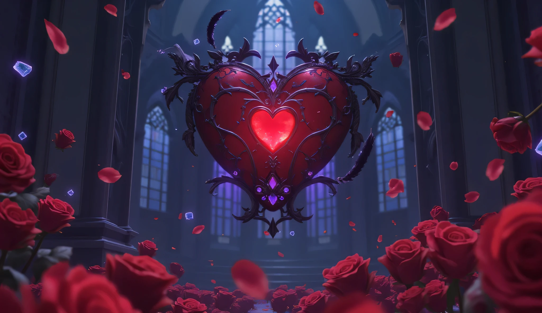  Gothic valentine in the style of Genshin Impact .  In the center is an elegant heart with carved patterns ,  encrusted with rubies and obsidian ,  surrounded by a soft mystical glow . The heart floats in the air ,  like an artifact ,  emitting magic particles .  Red roses with dew drops are swirling around ,  black lace with thin silver threads ,  dark feathers and light crystal fragments ,  reminiscent of the energy of .

 The background is mysterious and elegant — a majestic Gothic Mondstadt-style castle with stained glass windows,  elements through which moonlight ,  creating a shadow game .  The air is filled with floating petals ,  flows with flickering particles of anime magic ,  as if from Anemo or Cryo abilities .  The color scheme combines deep maroon ,  purple and black shades ,  with contrasting silver and blue highlights .

 Style — a detailed anime , вдохновлённое Genshin Impact,  with soft light effects and a deep atmosphere of romance and mysticism .  without inscriptions,  accent that conveys feelings exclusively through visual elements .