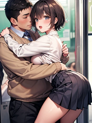 nsfw,hyperrealistic anime,1smart man,1woman,adult curvy female,at train,casual man standing behind woman,dark brown hair,earring,plain blouse,patterned skirt,upskirt,blushed,from behind and side,(man grabbing woman's buttocks from behind:1.1),naughty panties ,molested,groped
