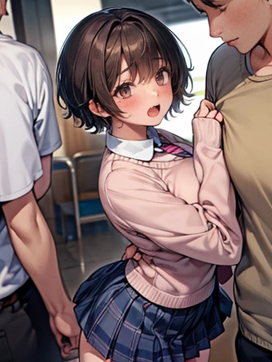 cry,tears,cardigan,miniskirt,masterpiece,best quality,ultra detailed,high resolution,extremely detailed CG, (perfect hand),gang bang,1girl,5boys ,old man,rape, rape, rape,(kiss,kiss,kiss),hand in panties ,hand in panties ,hand in panties, shinonome ena , brown , red tie, ((small breasts, small breasts)), small breasts,from front ,from front ,from front,full body,full body,(((all fours,all fours)))