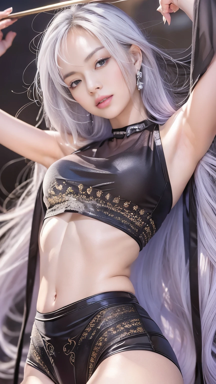dress,navel, Urban beautiful girl college student, masterpiece, light makeup, red lips, silver hair, messy long hair, street background, beautiful, elegant.  Ultra-fine details, master works, real texture, cinematic lighting realism, perfect work, 8k, HD, exquisite facial features,  slim figure, bright big eyes, smooth skin, earrings, necklace, tattoos