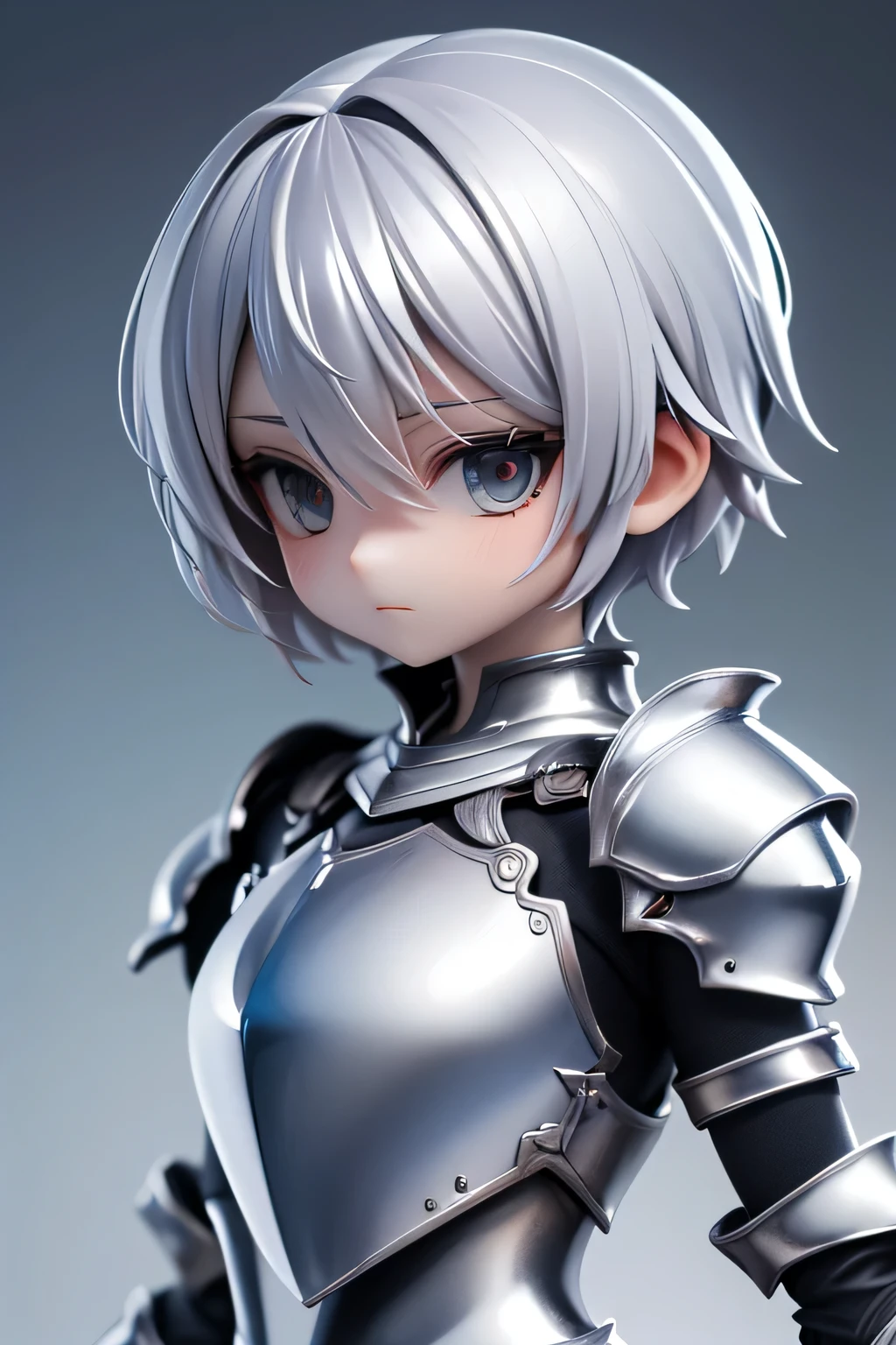 perfect anatomy top quality, highest resolution,(((Metallic shiny armor shiny silver hair short hair shiny skin around))) knight expressionless flat chest woman boyish cool Castle