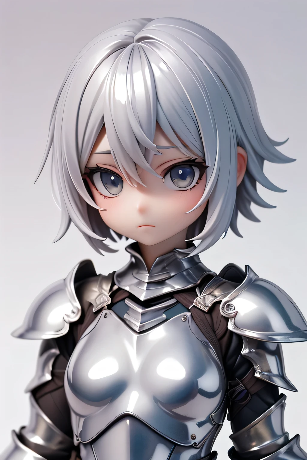 perfect anatomy top quality, highest resolution,(((Metallic shiny armor shiny silver hair short hair shiny skin around))) knight expressionless flat chest woman boyish cool Castle