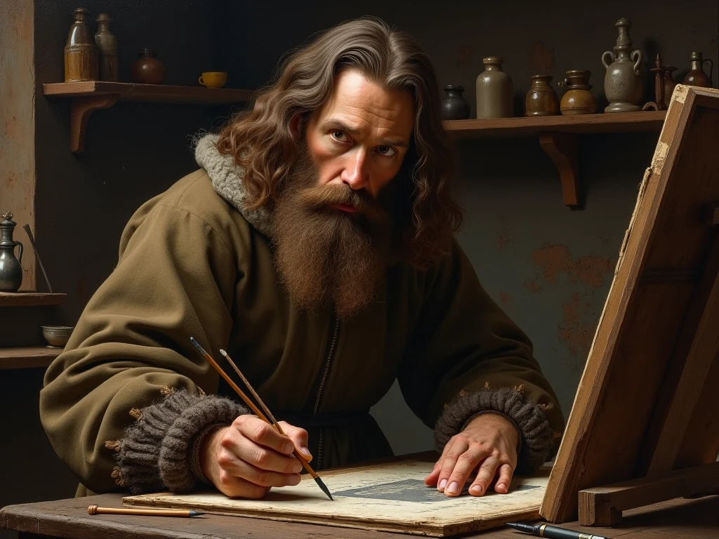Leonardo da Vinci in his cozy workshop, happily sketching a flying machine with big bird-like wings, surrounded by his fun drawings and inventions.