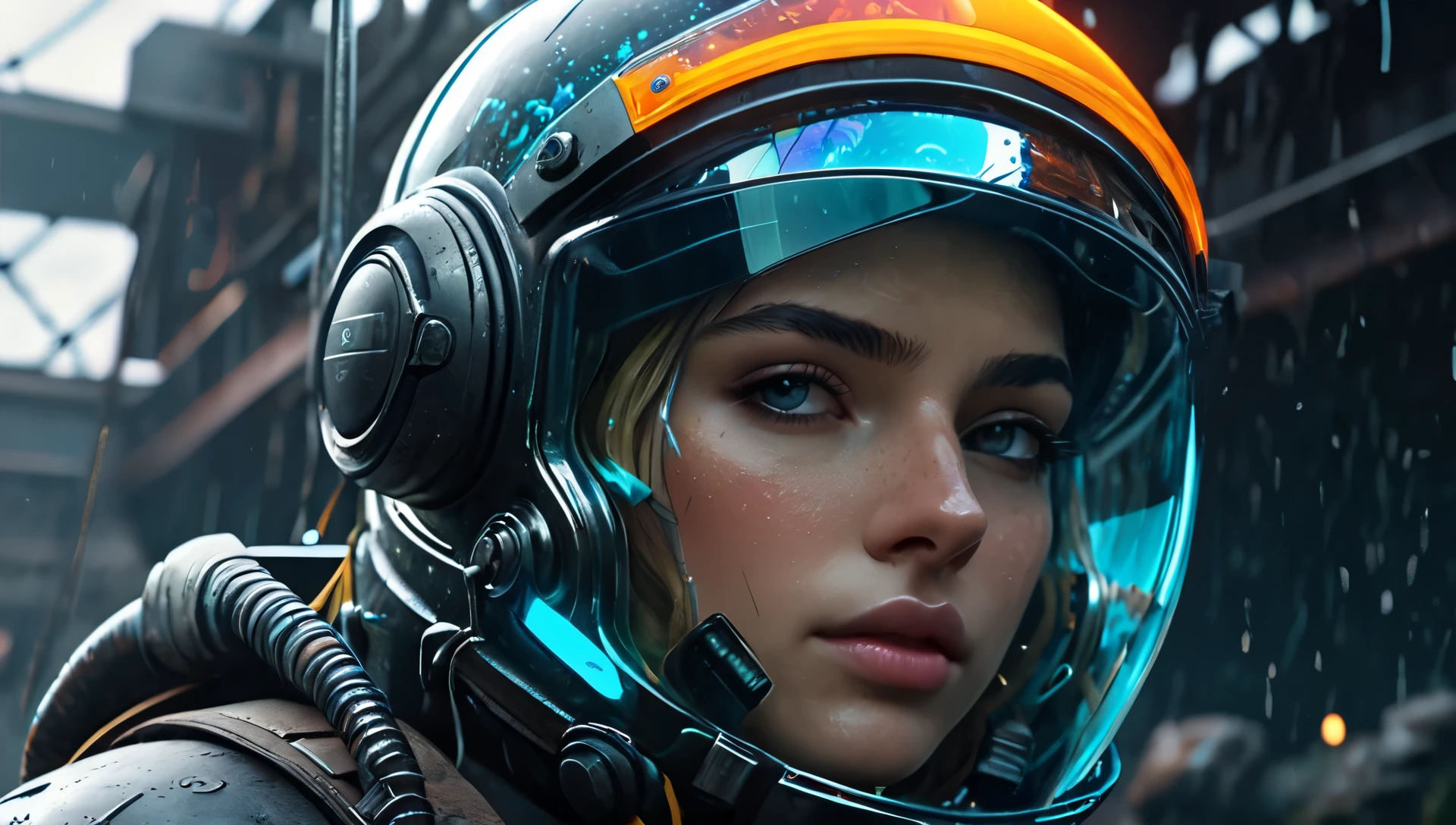 Dystopian style ((( ultra-detailed, hyper-realistic, 8k, highres, masterpiece))), hidr04rmor ,hydropunk ,shining,tube,,underwater, post-apocalyptic ,Air bubble,painted world, colorful splashes, cyberbody , neon body , Light band , holographic drift ,link, . BLEAK, futuristic helmet , dark, dramatic, highly detailed