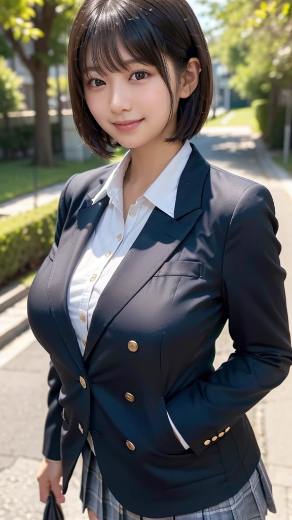 (Best Quality,8K,Raw photo,Realistic,High resolution:1.2),(cute Japanese girls),(Huge breasts:1.20),(Slim body、Naughty body),(Japan High School School Uniform),(school classrooms),(18year old、difficult、Takamine Flower、Brown hair、Short Bob、Male classmate POW、The presence of idoleautiful Realistic Asians:1.5、tenderness)、Professional、ssmile