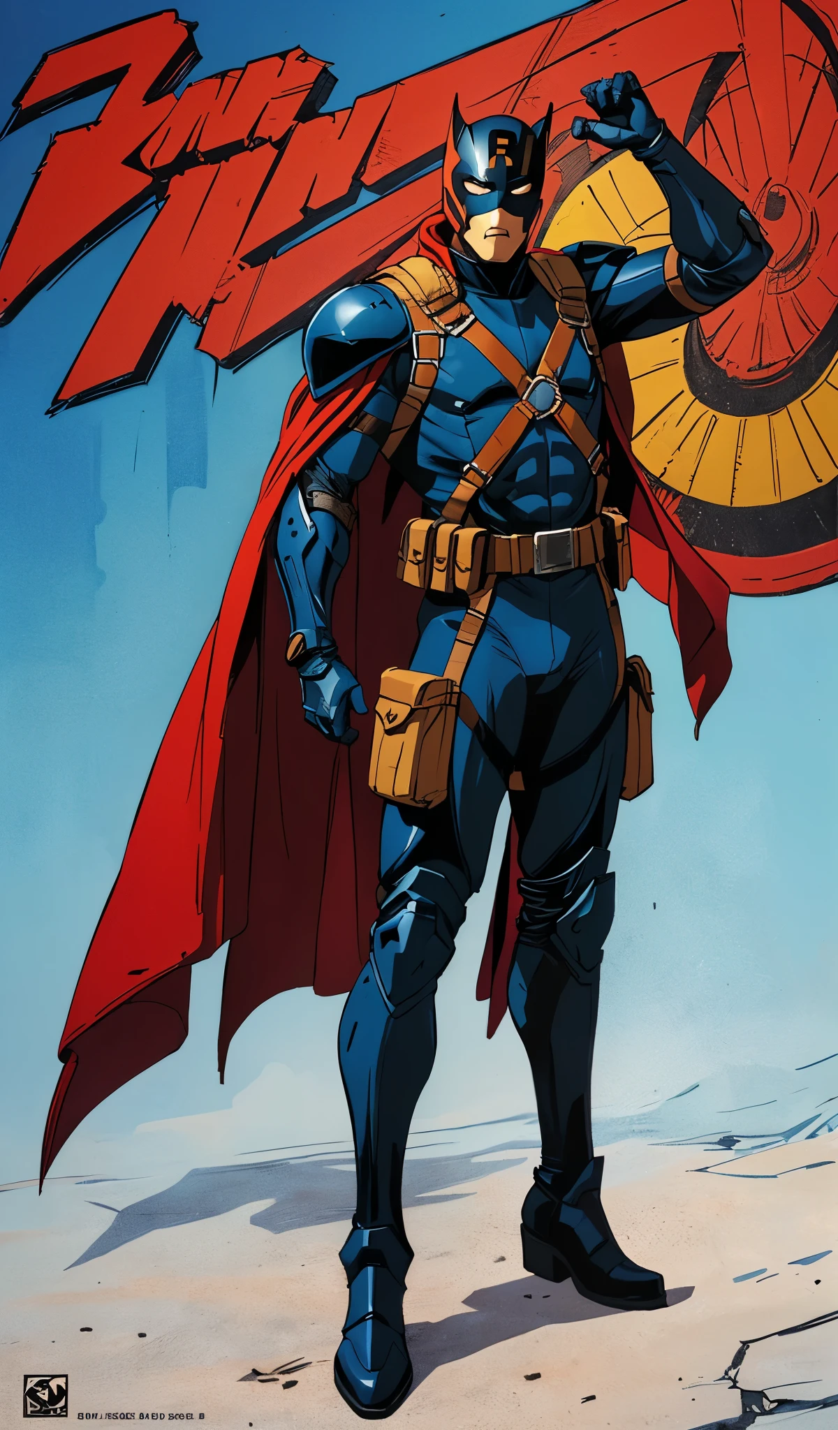 Young man drawn in 80’s anime art style. 
Retro anime. Vintage Anime. Classical Anime. 

This Superhero outfit is a highly recognizable and iconic superhero suit, primarily red and black, designed for both style and functionality. Here’s a detailed breakdown of its elements:

	1.	Full-Body Suit – The suit is a tight-fitting, red and black tactical bodysuit made of durable, reinforced fabric, likely a mix of leather and synthetic materials, designed to provide protection while allowing maximum flexibility.
	2.	Mask – Superhero’s mask is red with black patches around the eyes, which enhance the character’s expressive look. The eye areas are white, giving him a cartoonish but menacing aesthetic.
	3.	Black Shoulder and Arm Guards – The suit features black armored sections on the shoulders and arms, possibly made of a sturdy material for additional combat protection.
	4.	Harness and Utility Straps – A brown leather-like harness with cross-body straps is present, used to hold weapons like katanas, grenades, and other gear.
	5.	Utility Belt – The belt is brown with multiple pouches for ammunition and gadgets. The buckle prominently features a clock as a logo—a red and black design.
	6.	Gloves and Forearm Guards – He wears black gloves that extend to his forearms, with reinforced padding for combat and grip.
	7.	Leg Armor and Tactical Boots – His lower body is similarly armored, with reinforced padding around the knees and heavy-duty black tactical boots built for combat durability.

This outfit not only provides protection but also enhances the Superhero’s combat capabilities, making him an effective and stylish anti-hero.