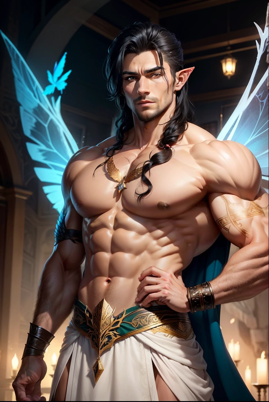 ((best quality)), ((masterpiece)), (detailed), perfect face,Male Body,Perfect Body,Body,Sixpack,perfect Abs,Whole Body,Male face,Whole Body,King,Golden outfits,black hair,shirtless,handsome,arms muscle,Using power,eyes,powerful man, Black loincloth,Look straight,Royal outfits,Vampire male,vampire,King Vampire,in the castle, outfits,royal pants,lips,magic ,sparkling ,Elf ears,Moon light,midnight,farmal,bats,flock of bats,supernatural,Bat wings,power,