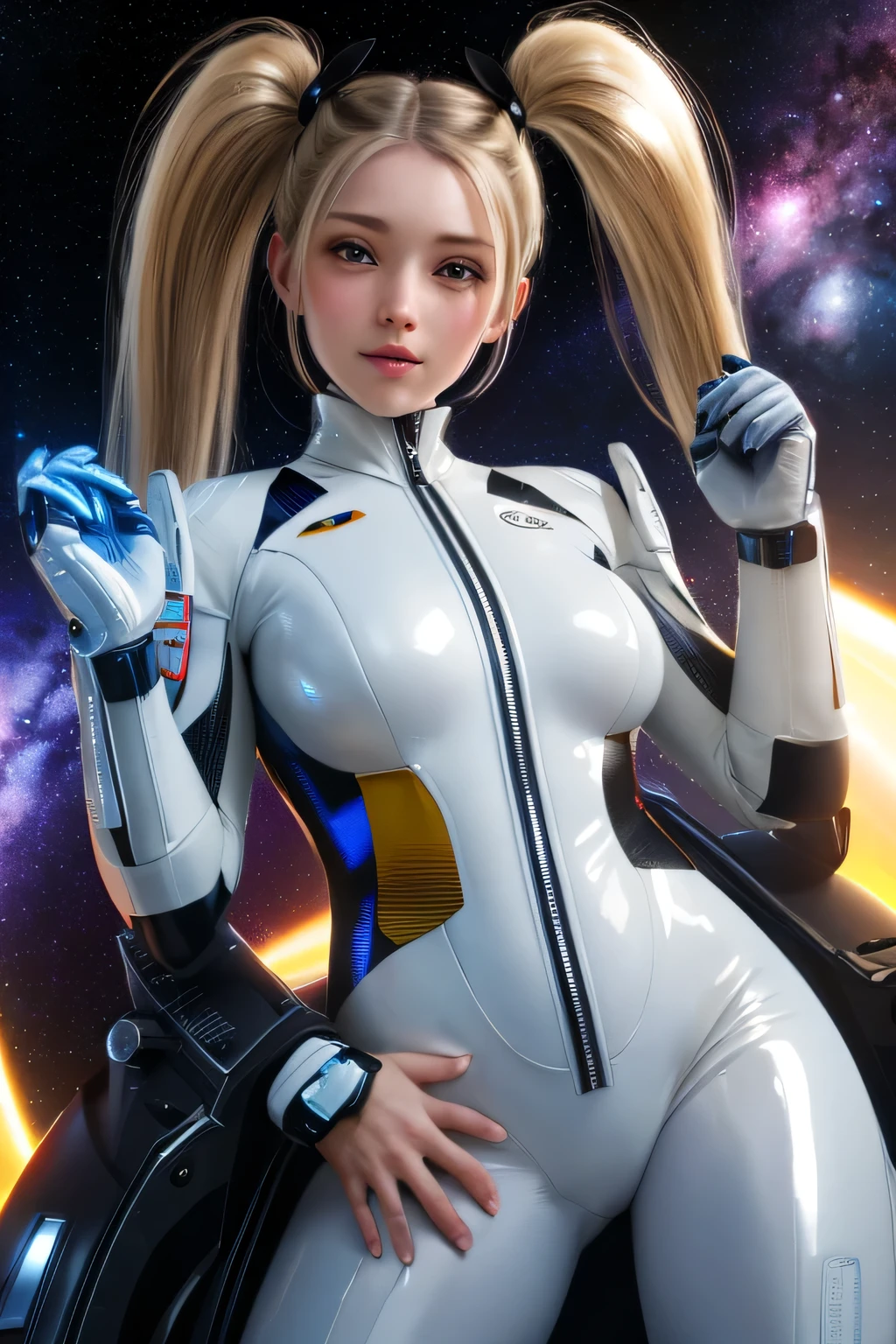 medium long body shot of beautiful woman Beautiful breasts ,middle breast  in astronaut  bikini suit and floating in space , hyperrealistic fantasy art, beautiful white girl,, sci-fi fantasy art, detailed sci-fi art, Atmosphere sci-fi movies background , lighting effect ,elegant pose