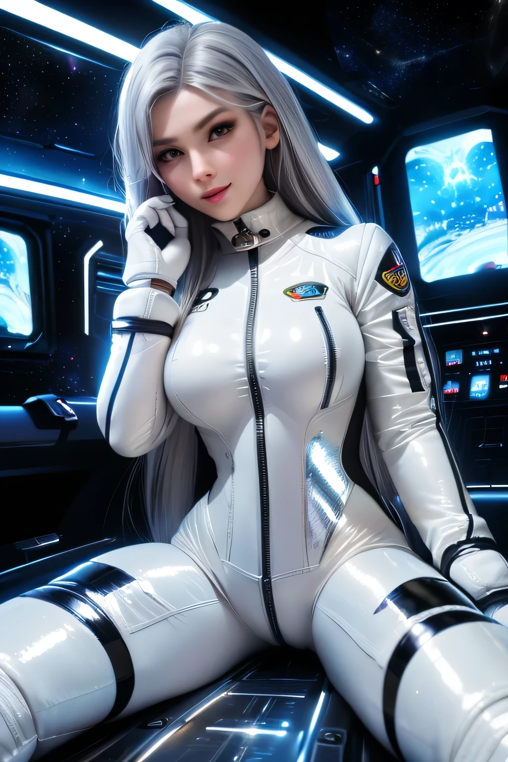 The enchanting woman raised her hand happily，Beautiful Women with Perfect Figure，Beautiful white skin，Beautiful eyes，Glossy lips，Lovely smile，White hair，Wear a bikini futuristic Lolita costume in white and black design，Headphones with functionality，Sitting inside the spaceship