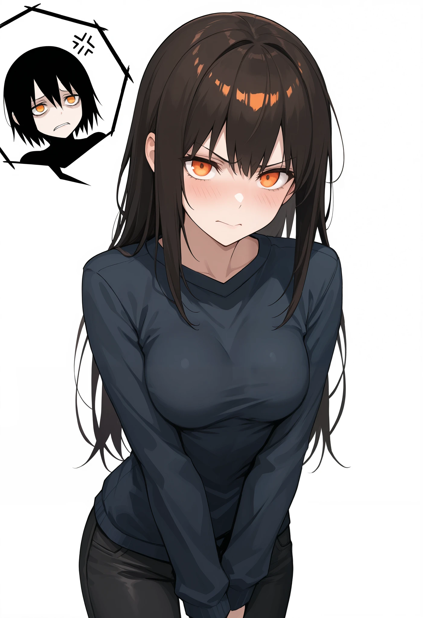 1 girl ,medium breasts:0.8, postal, bright orange eyes, dark blue sweatshirt, brown long hair , confidence, the offended face, (the brown big center of the eye), (completely white background), black jeans, shy pose, blame head, ((Masterpiece)), ((highest quality), high resolution,blame face, detailed face, angry, shy,