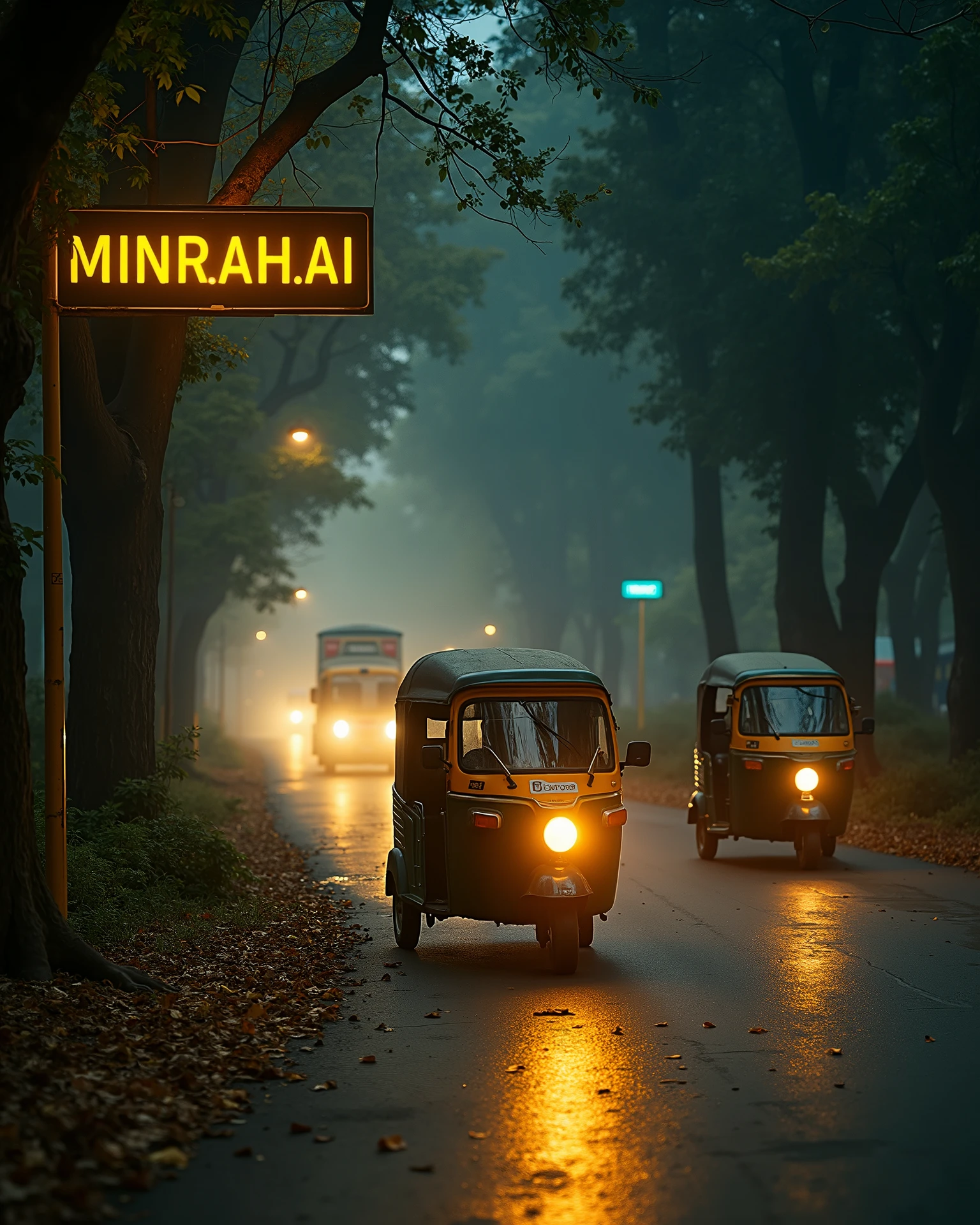 On Indian yellow pole light turning road dadar two Auto Rikshaw running write 'MH 48 BR 2008' clearly on number plate, horror Indian road , yellow side poles, big deep trees around the road , close to camera, leaves on road, leafs are flowing in air and zigzag road, fog lightroom effect, professional photography of seen, dark night , side of the road a yellow neon sign board write 'MINRAH.AI' clearly bold, side look, indian train running in background 