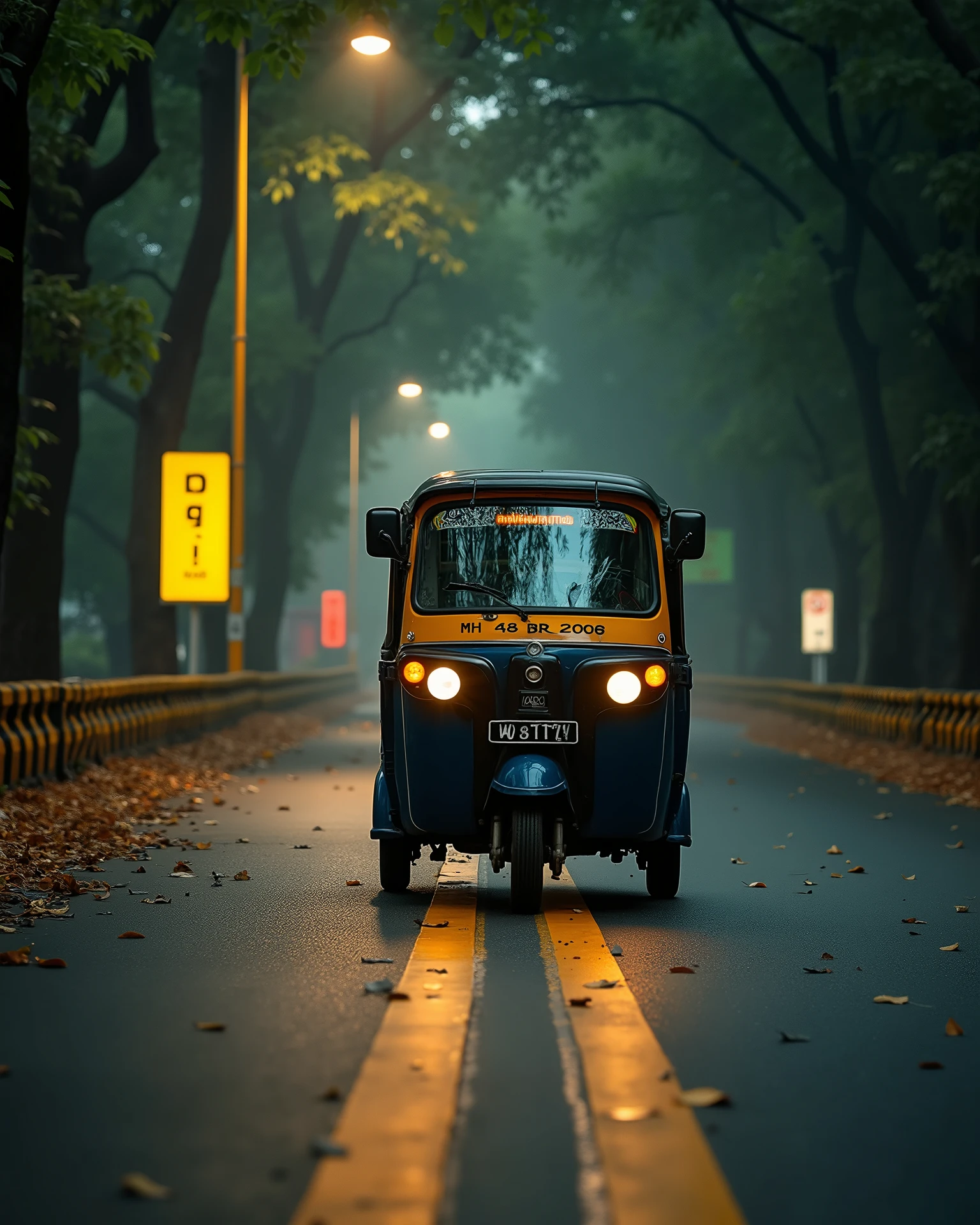 On Indian yellow pole light road dadar Auto Rikshaw running write 'MH 48 BR 2008' clearly on number plate, horror Indian road , yellow side poles, big deep trees around the road , close to camera, leaves on road, leafs are flowing in air and road, fog lightroom effect, professional photography of seen, dark night , side of the road a yellow neon sign board , side look, indian train running in background 