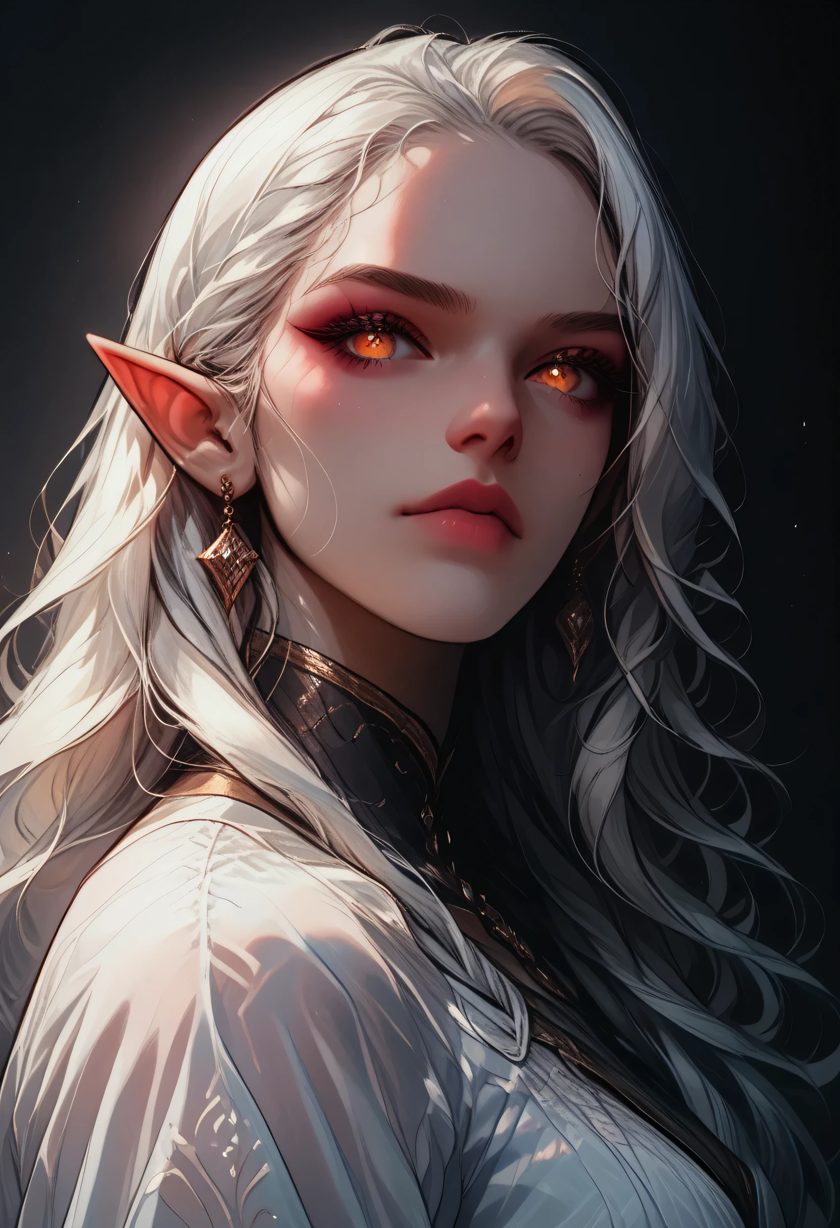 score_9, score_8_up, score_7_up, a portrait of a female elf, fair skin, white hair, long hair, wavy hair, flowing hair, sparkling fiery eyes, there are jewelry in her hair. best quality, 16k, ultra detailed, masterpiece, best quality, (extremely detailed), dynamic angle, ultra wide shot, photorealistic, RAW, fantasy art, dnd art,fantasy art, realistic art,  GlowingRunesAI_red, fantasy