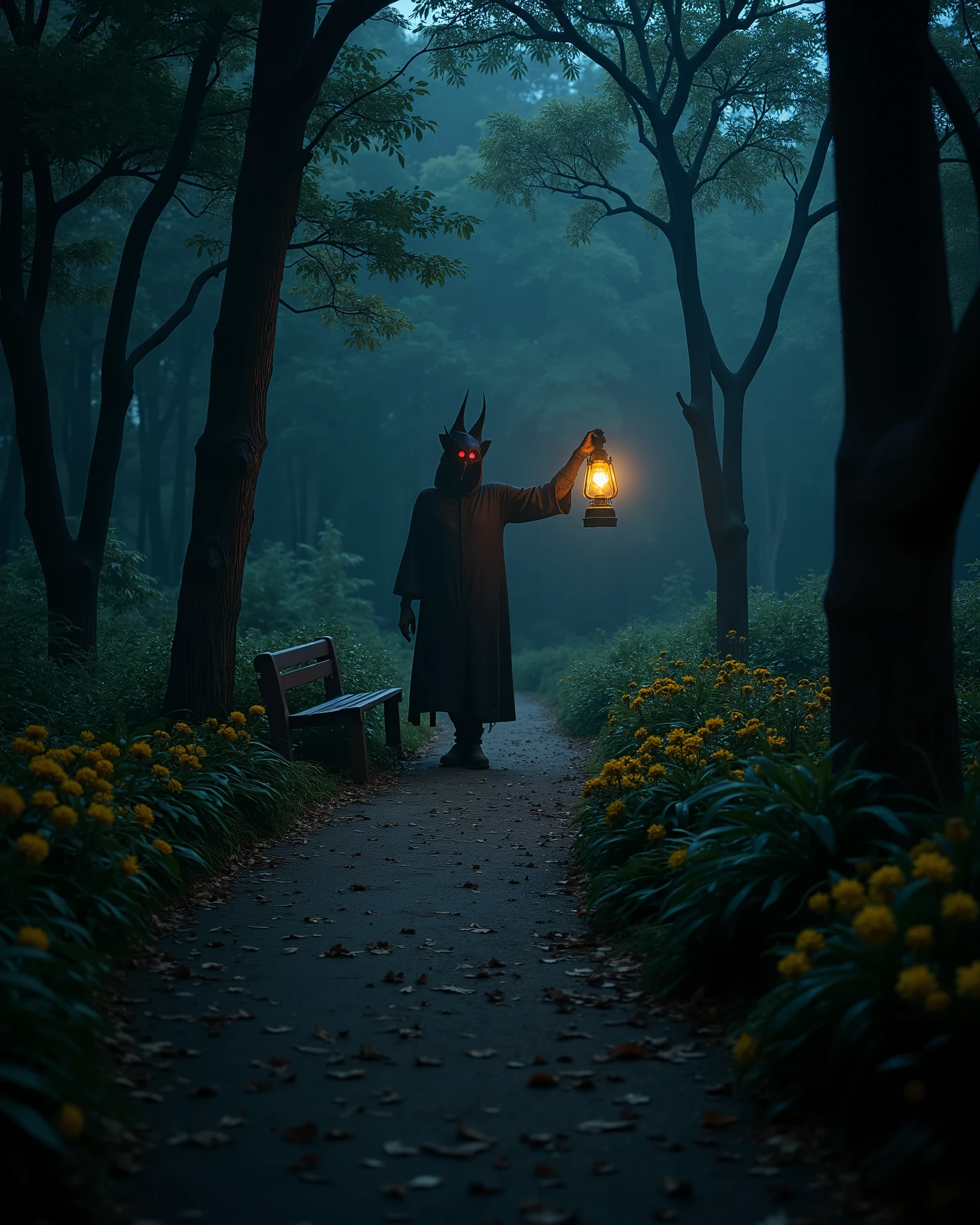 In Indian park, horror Indian Park, At a long distance horror red eyes devil holding a yellow fire lantern, dak night, big deep trees around and deep flowers , close to camera, flowers on path , leaves are flowing in air and path, fog lightroom effect, professional photography of seen, dark night ,, side look, sitting bench, strong winds, long leaves and flowers, dark deep forest park
