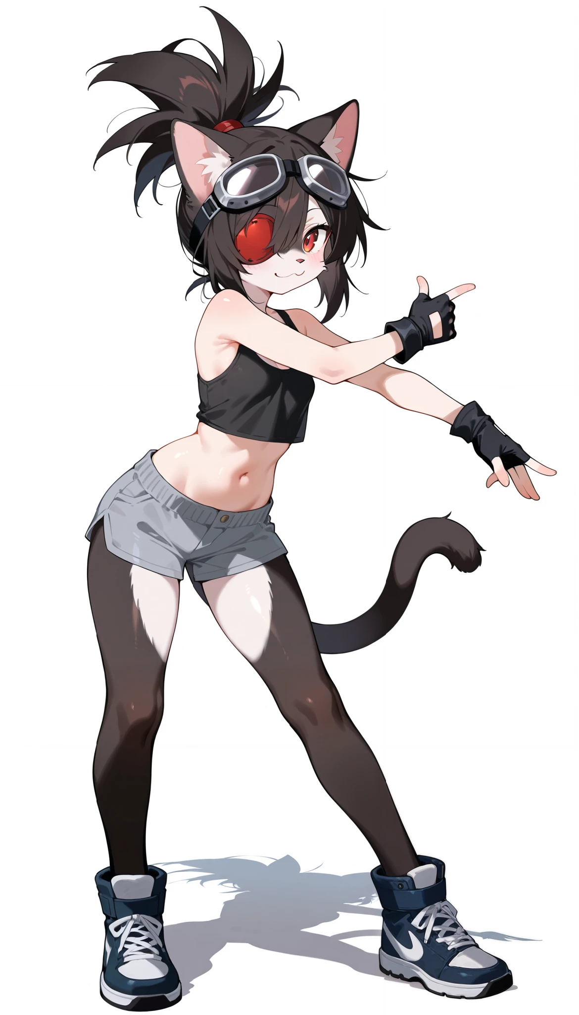 
nekomiya_mana, black_hair, cat_ears, two_cat_tails, dark_skin, detached_sleeves, forehead_mark, neck_bell, red_eyes, short_hair, shorts, , detailed skin texture, detailed, volumetric shadow, paw pose, 