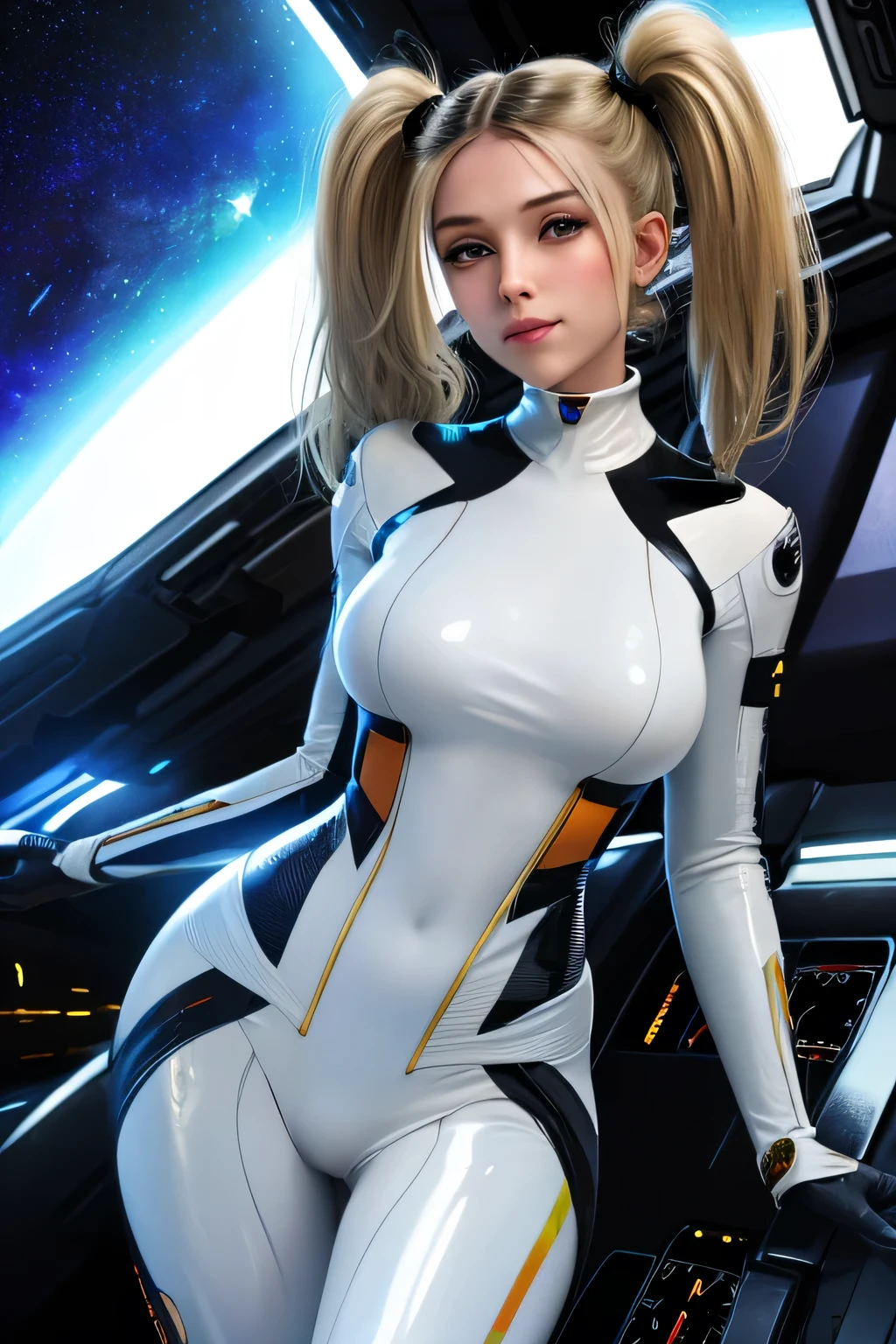 (Hiperreal) anime girl with blonde (ponytail hairstyle), hair sticking out on the sides, looking at the viewer, full-length pose, sexy, (sci-fi space station room), cyberpunk, cute, soft atmospheric lighting, (dimmed), futuristic details in background, high-quality illustration, ultra-detailed, stylish and elegant demeanor, high detail, Perfect body with golden ratio, wearing (tight shirt:1.2), beautiful detailed face, (attractive fitness woman:1.3), (seductive:1.1), (blushing:1.1), hourglass body shape, big round breasts