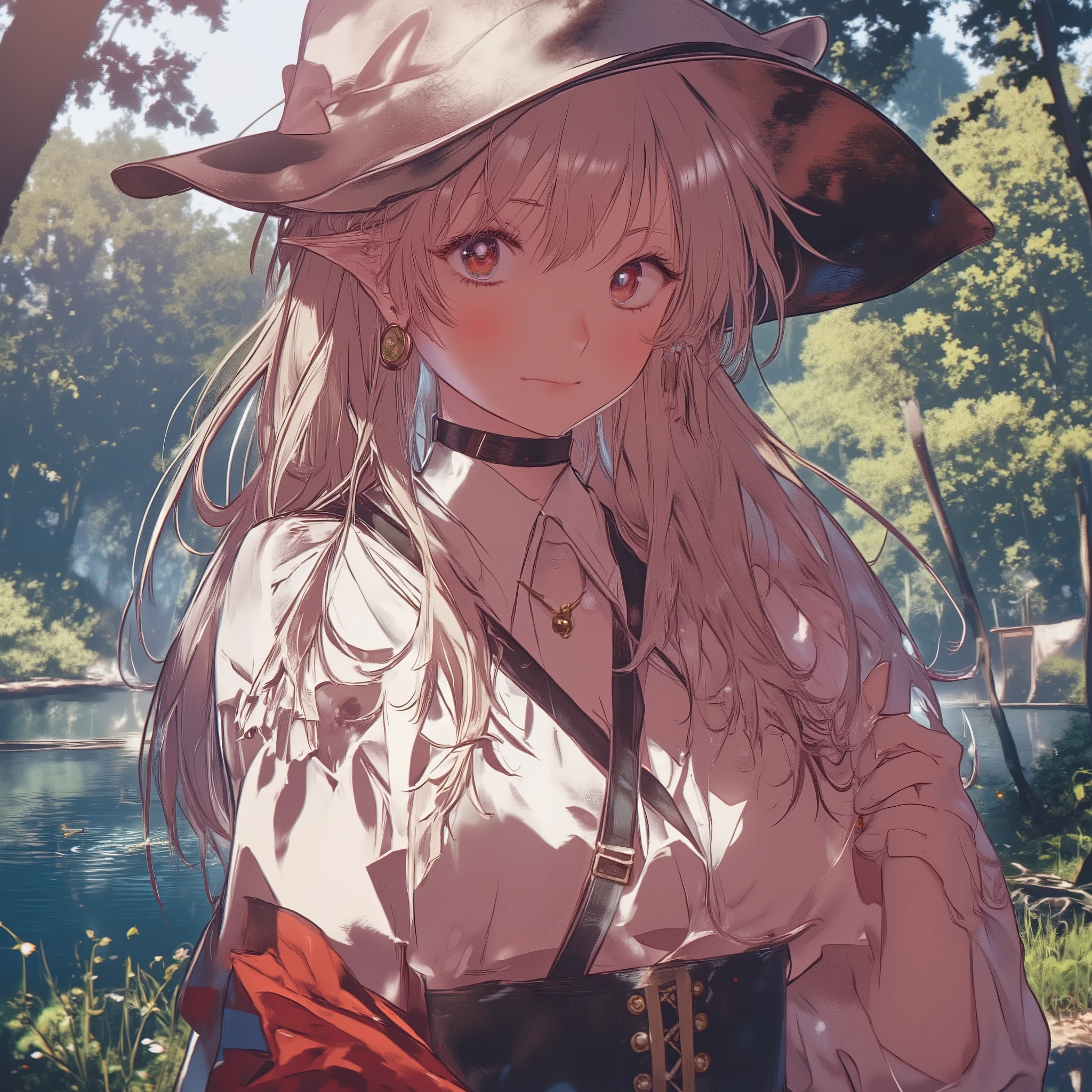 Highest quality、High resolution、8k、masterpiece、((Anime Style))、
Vibrant colors、World-class professional animators、
(Beautiful Face、Beautiful Eyes、Beautiful Nose、Beautiful Lips)、
Sharp focus、Bright colors、Cinema Lighting、
A scene from a movie、Sparkling eyes、Better Hands、
、witch's hat、witch、Magical girl、
Silver Hair、red eye、Hair between the eyes、White blouse、
corset、Black shorts、
cape、Long Hair、cute、
Lace-up shoes、Full Body Shot、
lake、in the forest、Standing、View from the front