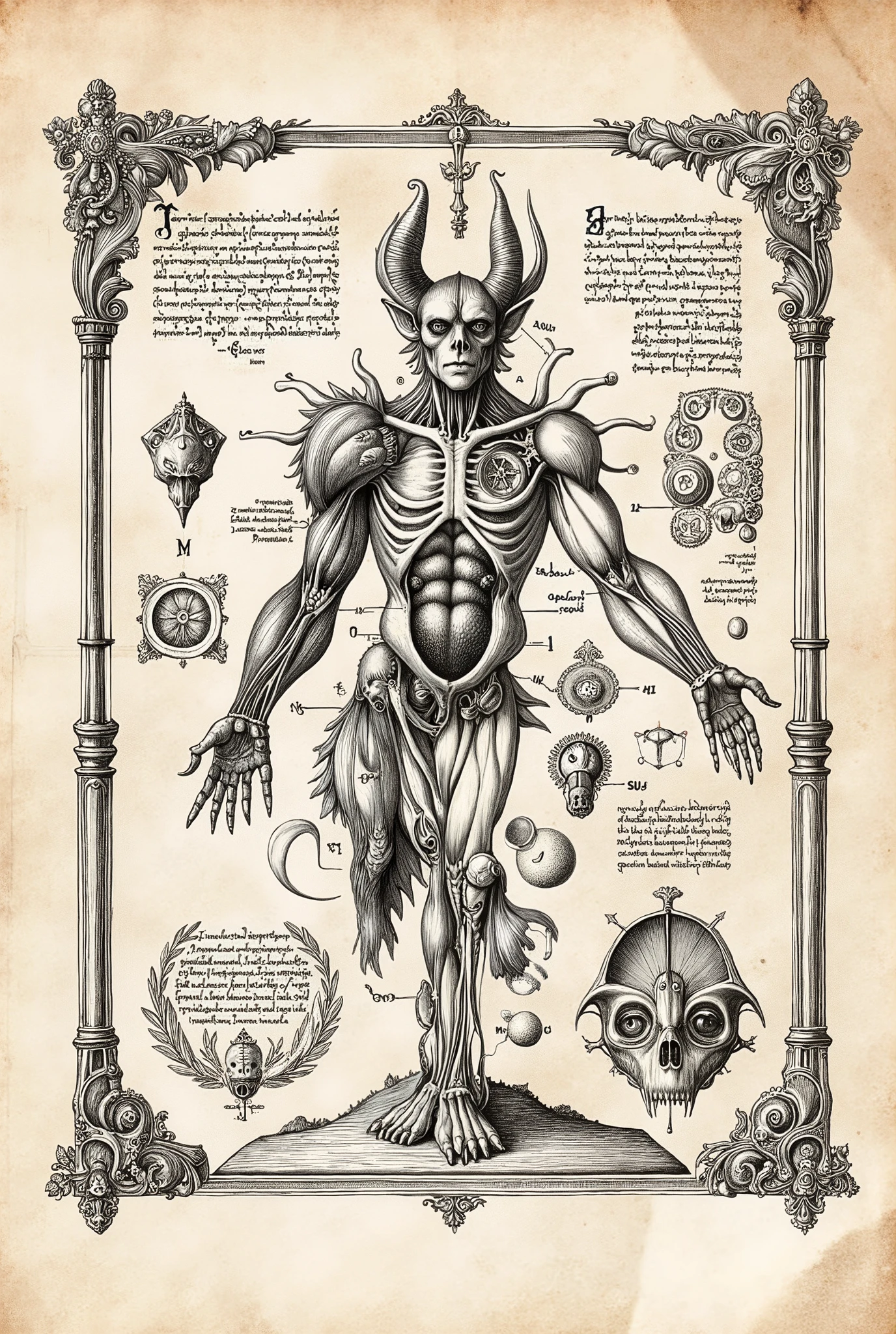 Medieval Illuminated manuscript style artwork, black ink pen linework, ((textbook manuscript page)) of labelled anatomical drawing of ((mythical fantastical woodland dreamland ((Unseelie court)) creature)), showing dissected body parts on dissection table.