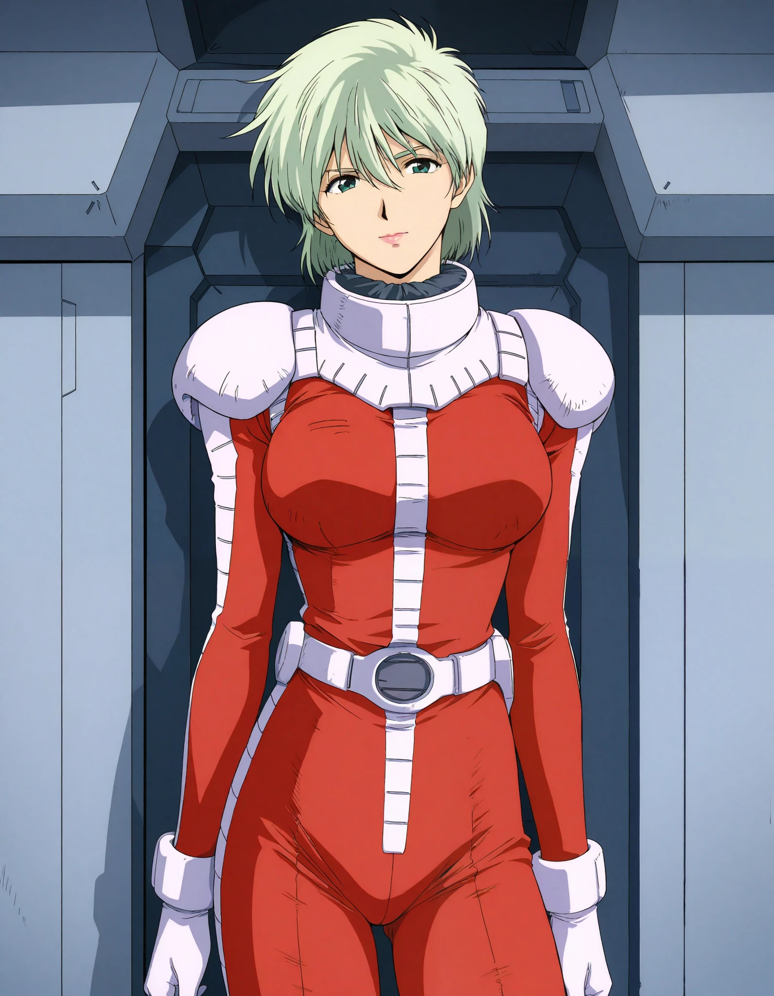 masterpiece, best quality, good quality, 1girl,solo,cowboy shot,standing,looking at viewer,(1990s \(style\):0.2),
ainasahalim,green hair,green eyes,short hair,lips,lipstick,large breasts,(smile:0.5),closed mouth,pilot suit, red suit,